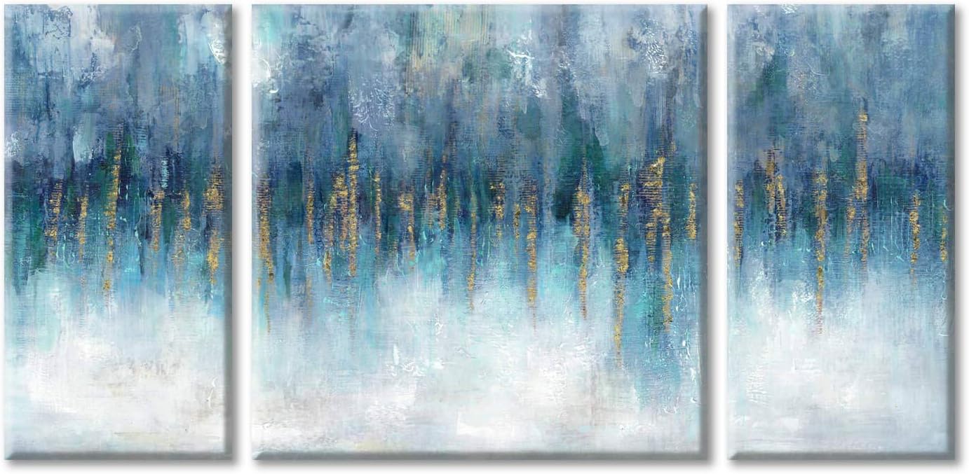 Abstract Painting Teal Canvas Wall Art Turquoise Abstract Textured Gold Foil Artwork For Living Room Wall Art Large Maximalist Home Wall Decor Set（12" x 24" x 2 + 24"x 24"x 1）