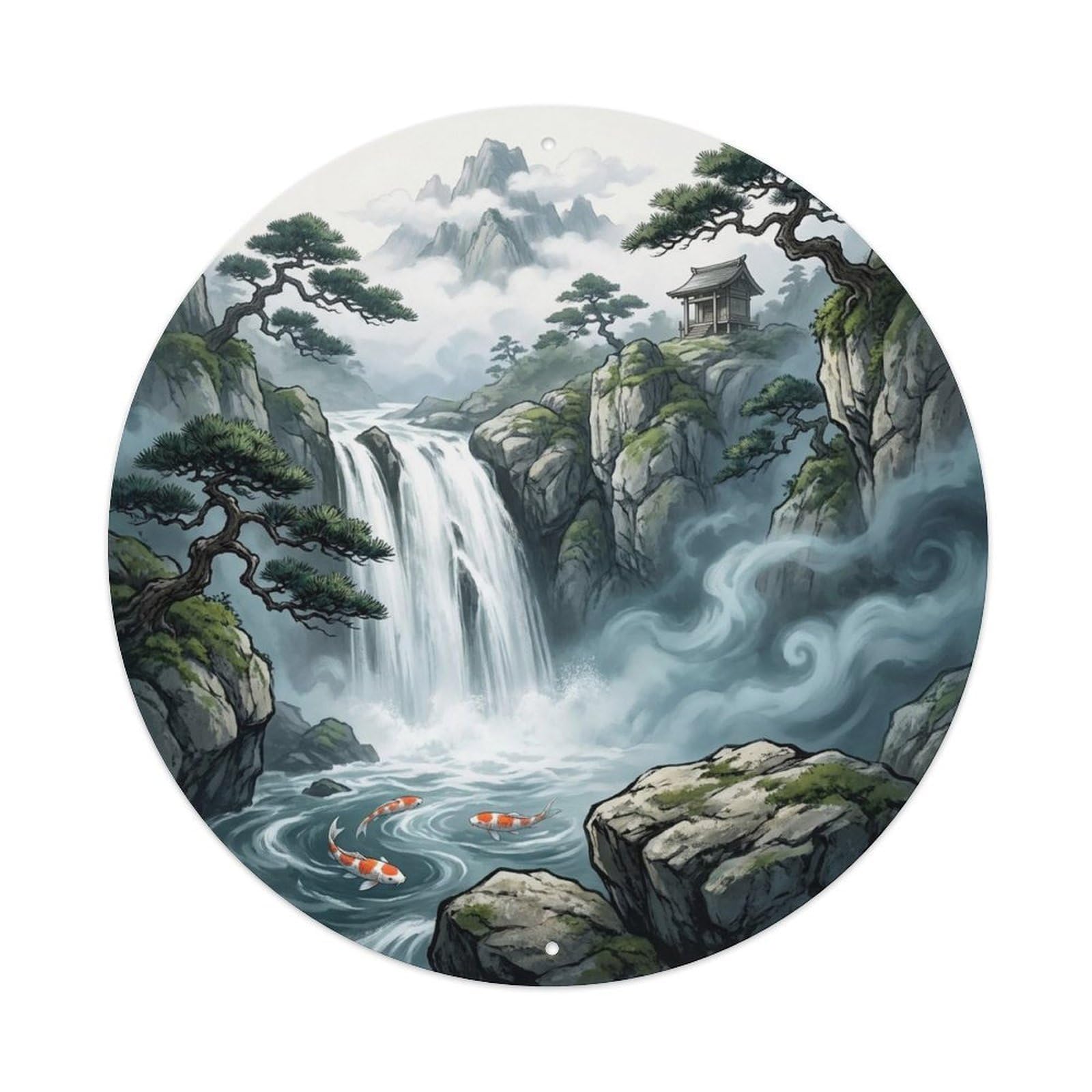 Olyhtr 8X8inch Classic Style Waterfall Koi Pond Water Garden Mist Mountain Vintage Metal Tin Sign