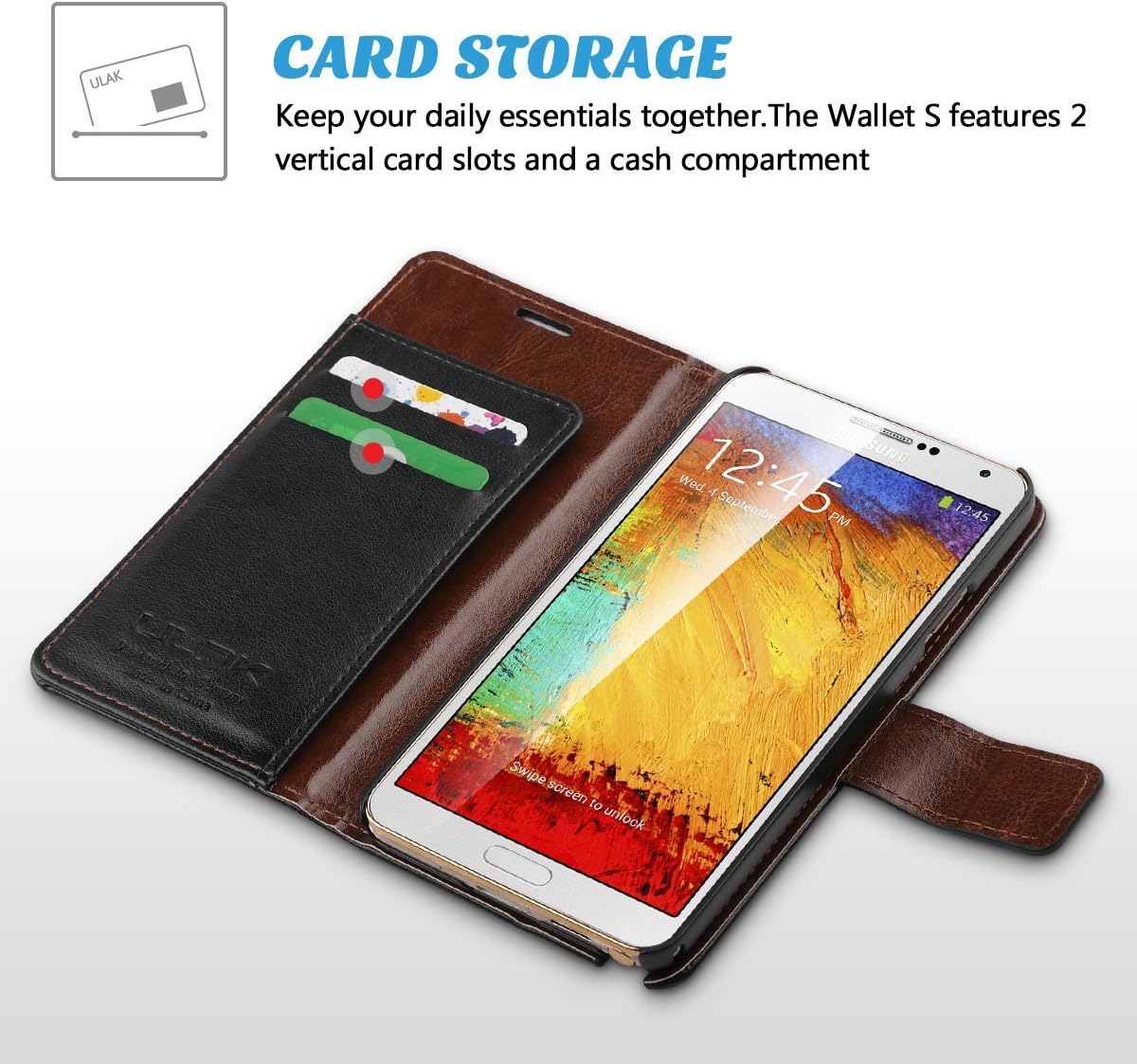 ULAK Note 3 Case, Galaxy Note 3 Case - Flip Wallet Case Stand Premium PU Leather Cover Protective Skin for Samsung Galaxy Note 3 N9000 w/Magnetic Closure and Credit Card ID Holders (Black)