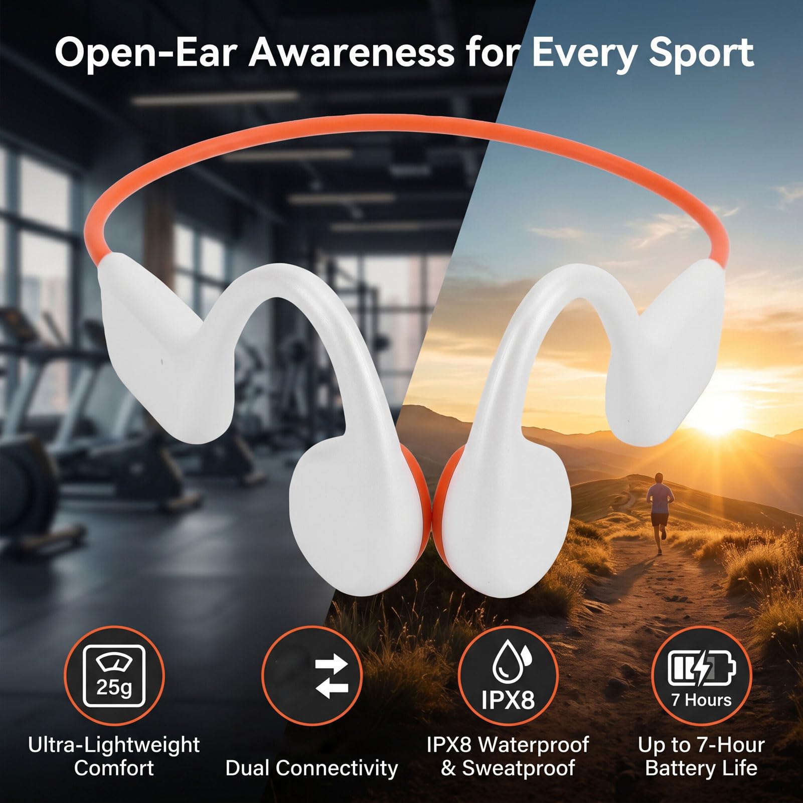 XUMIUZIY Cuffie a Conduzione Ossea, Auricolari Bluetooth 5.4 IPX8 Resistenti All'acqua per la Corsa in Palestra, Allenamento in Bicicletta (Bianco Arancio)