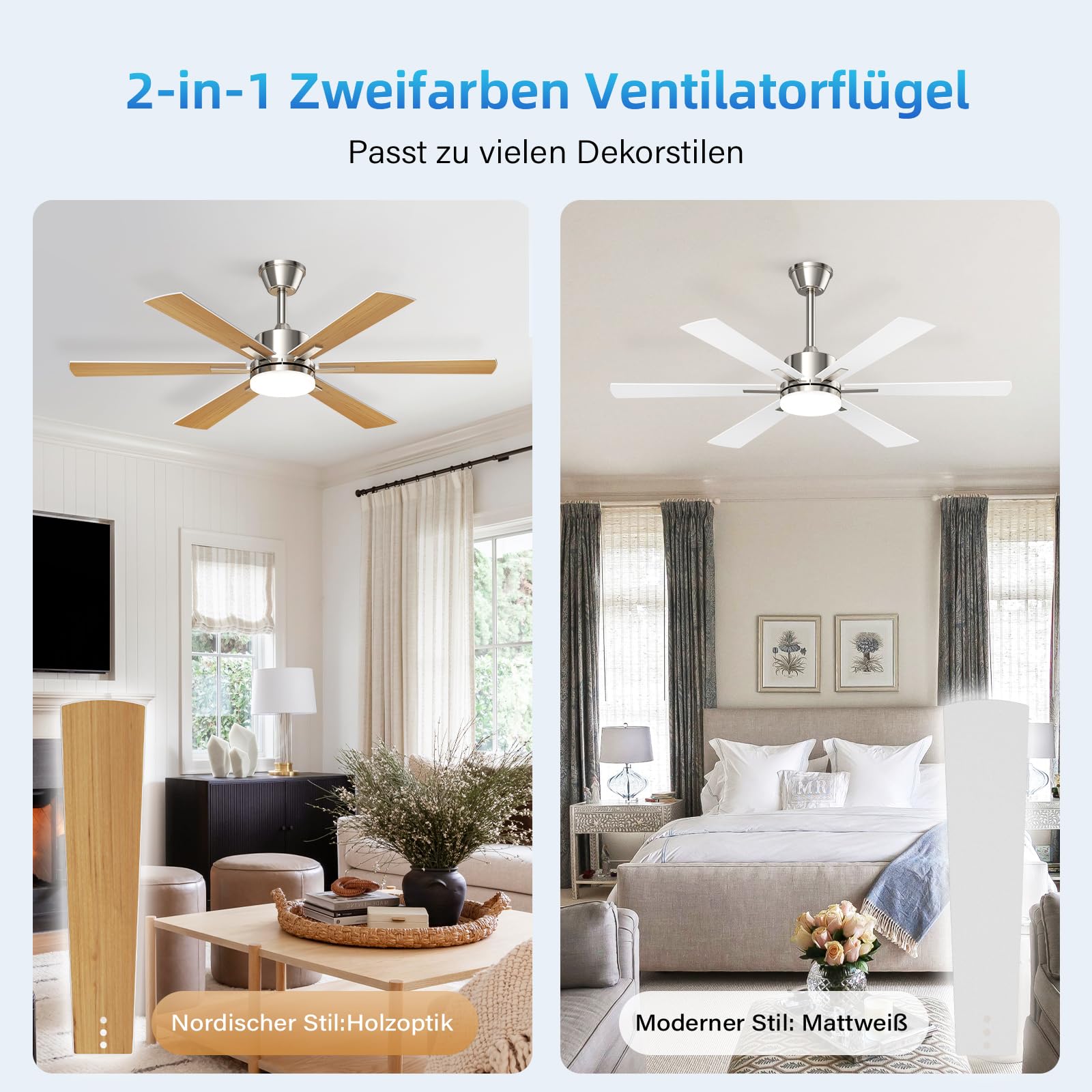 EppieBasic Ventilateur Plafond avec Lumiere Salon: 132 cm Ventilateur Plafond Moteur DC Silencieux avec Télécommande/Appli – 6 Vitesses, Design Moderne, 6 Pales Aspect Bois pour Chambre