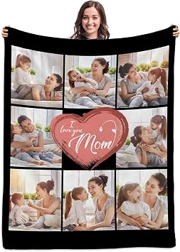 Magimagine I Love You Mom Custom Throw Blanket with 8 Photo, Custom Blanket with Picture, Personalized Photo Blanket for Family, Custom Flannel Blanket Gifts for Women