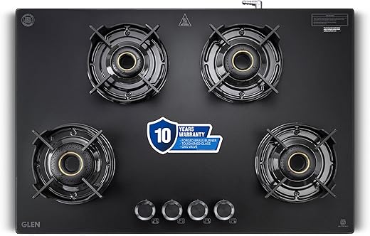 Glen 4 Burner Ultra Slim LPG Gas Stove | Matt Glass & Matt Frame | 1 Jumbo Forged Brass Burner | 10-Year Warranty | Crown Pan Support | 360°…