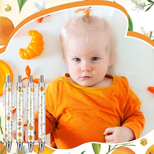 Miniatura 5 de Chuangdi 24 bolígrafos naranja para baby shower, bolígrafos retráctiles a granel, tinta negra con regalos para invitados, suministros escolares