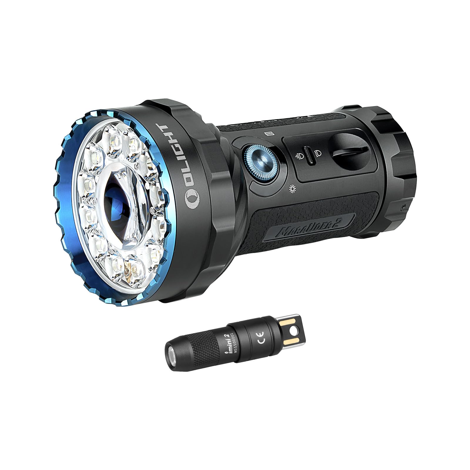 OLIGHT Bundle de Lampe de Poche Ultra Puissante Rechargeable X7R Marauder2 (Jusqu'à 14000 Lumens,800M) + Mini Petite Lampe Torche Porte-Clés I MINI2 USB Magnétique (50 Lumens, 44M) IPX8 Étanche