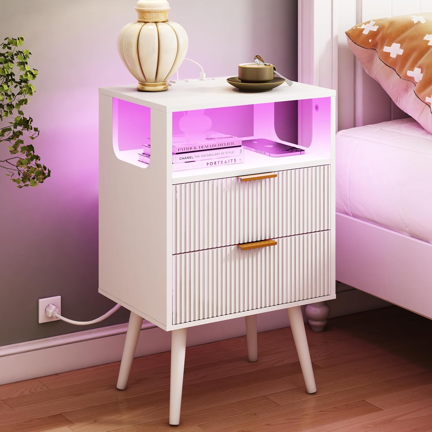 JOONEE White Nightstand with Charging Station and LED Lights