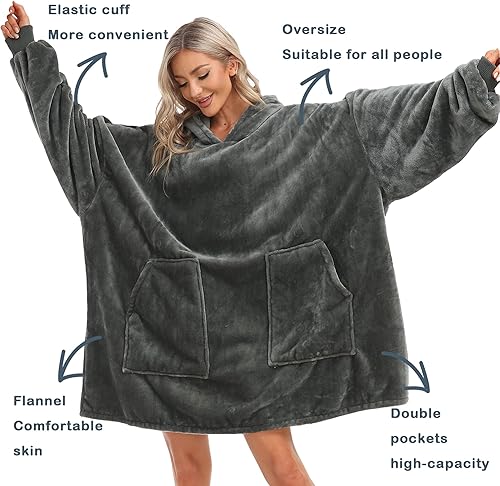 Miniatura 2 de Manta con capucha  Mantas de franela de gran tamaño suave y acogedora con mangas y bolsillos gigantes para adultos, mujeres, hombres, familiares,