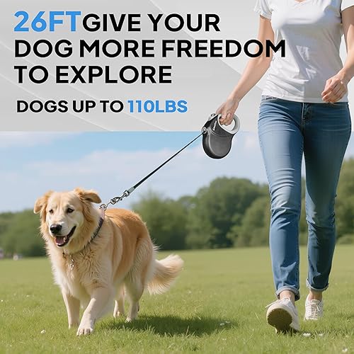 Miniatura 7 de PetiFine Correa retráctil mejorada para perros de 26 pies, resistente para perros grandes de hasta 110 libras, correa reflectante antitorsión con