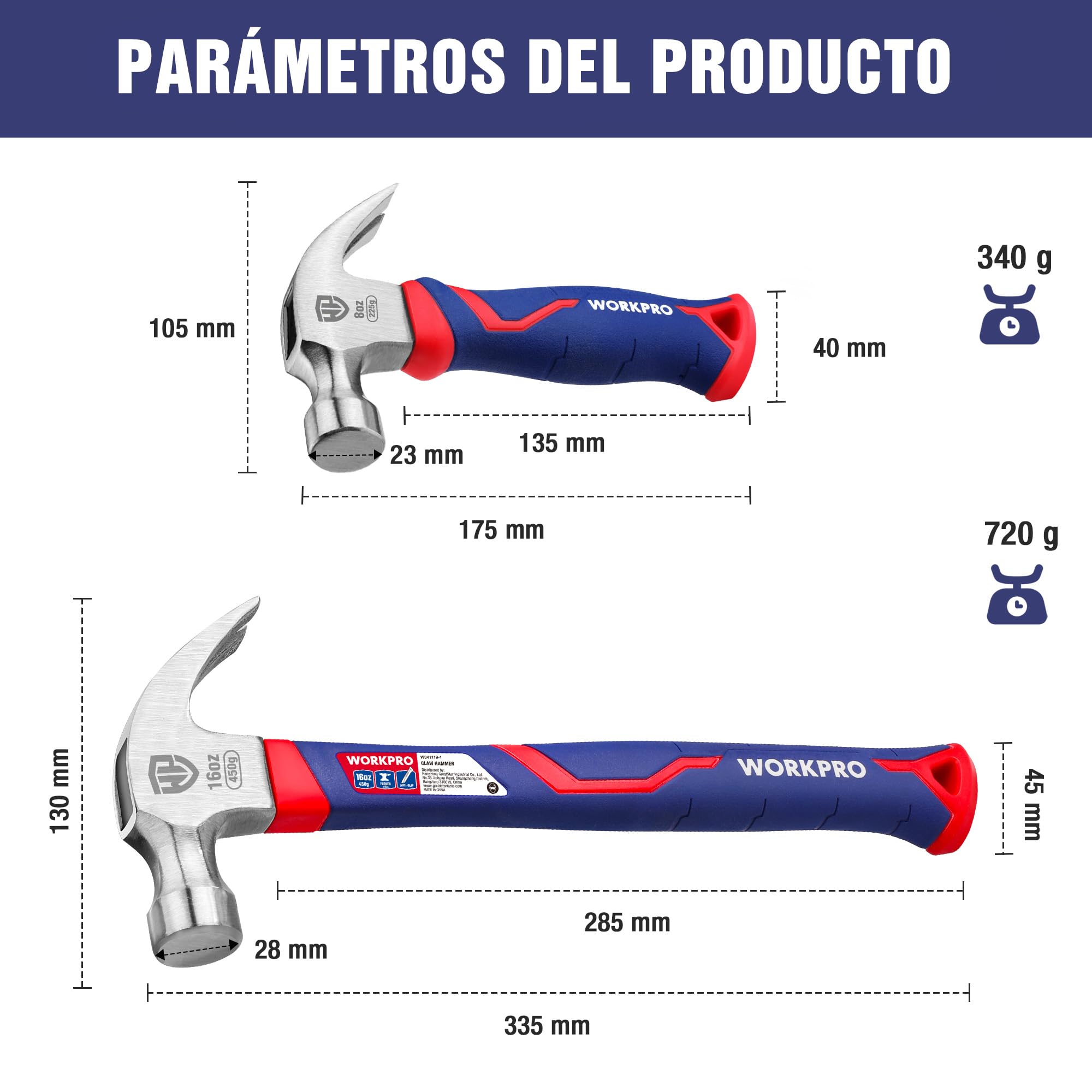 WORKPRO Martillo de Carpintero 2 Piezas, Martillo de Uñas 720 g y 340 g, Martillo de Garra con Mango Ergonómico Antideslizante, para Carpintería, Bricolaje y Reparaciones de Madera