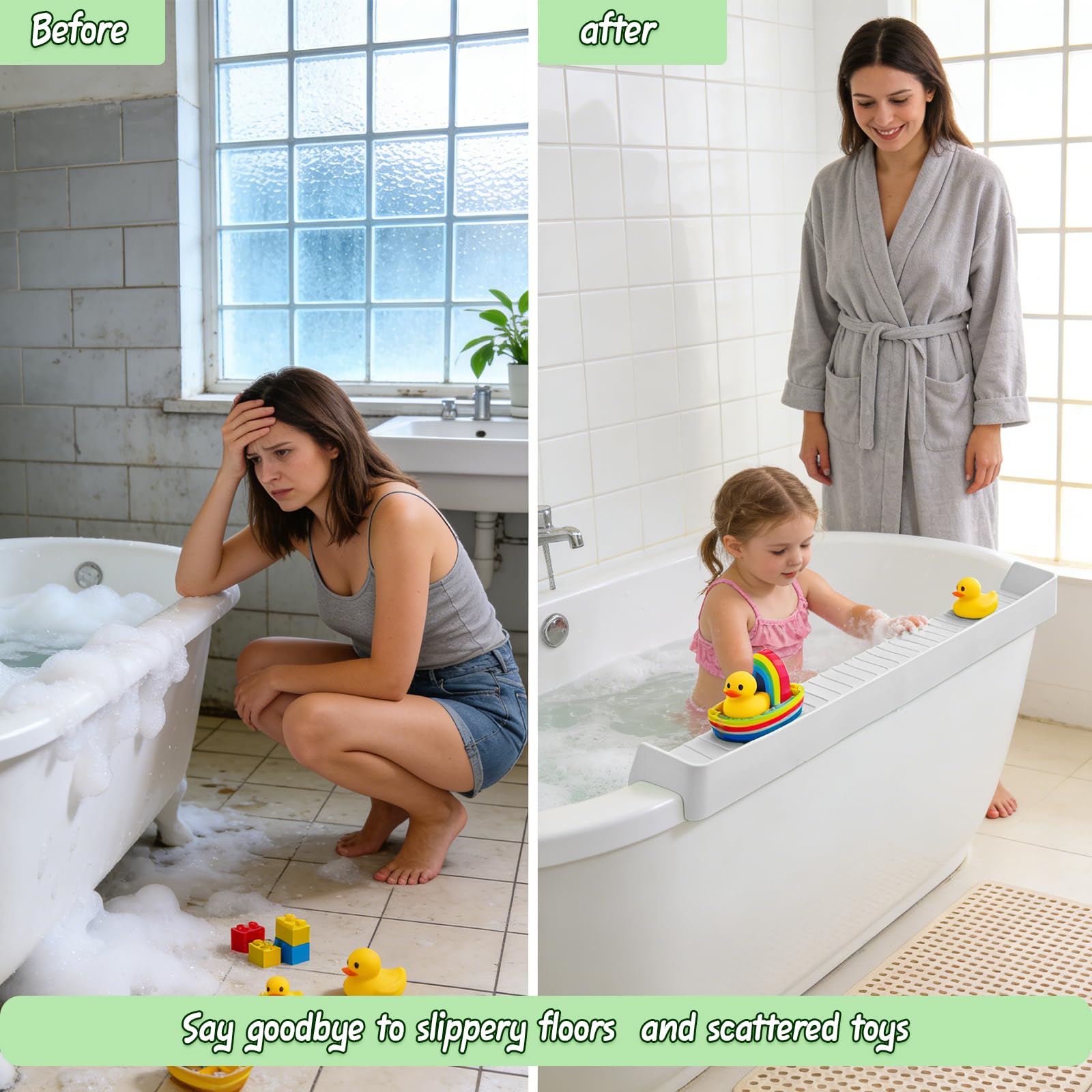 Protector contra salpicaduras para bañera para niños, protector de salpicaduras de silicona con 11 ventosas, estante de juego para bañera para niños y soporte de juguetes, evita derrames de agua en el