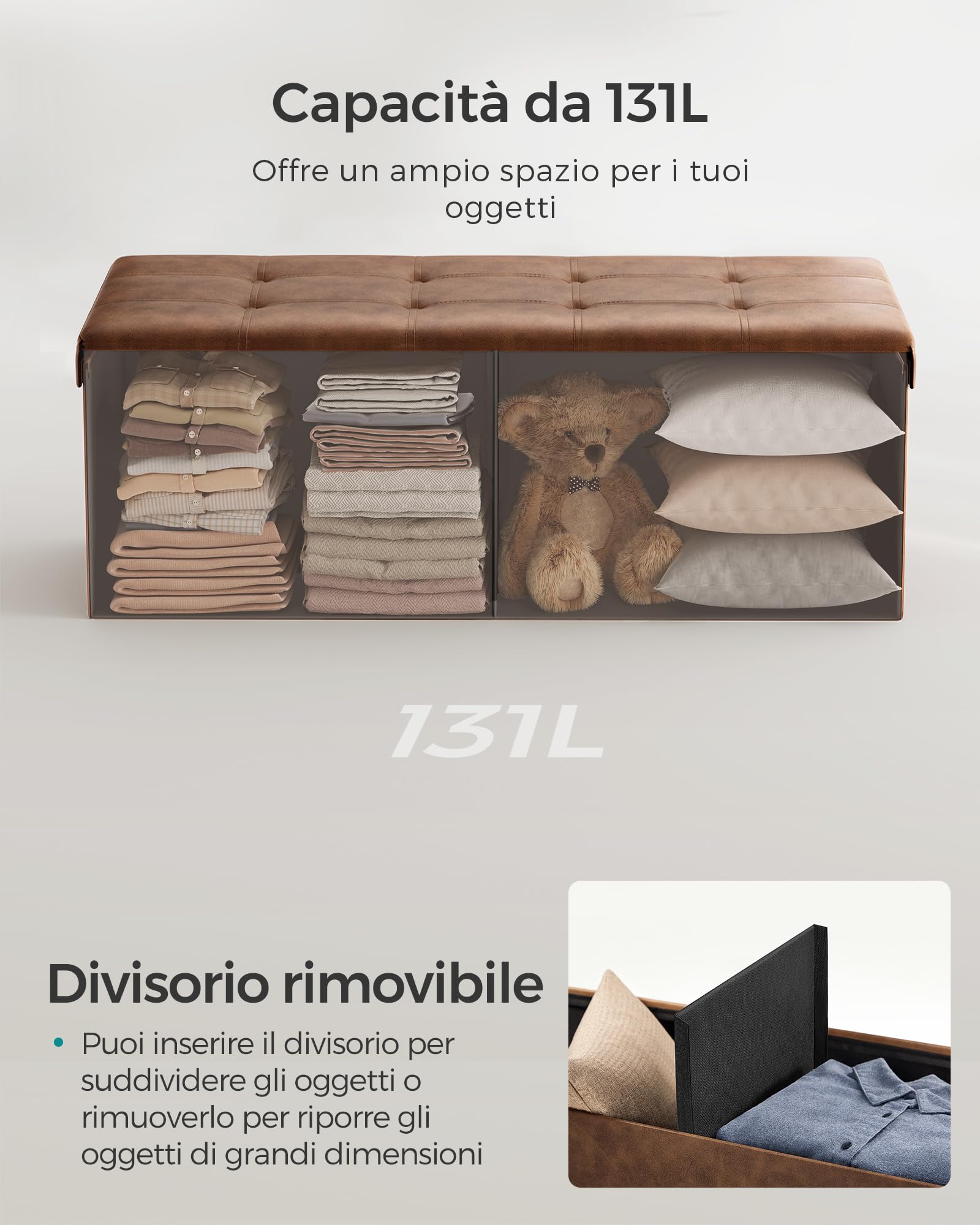 SONGMICS Cassapanca, Pouf Contenitore, Poggiapiedi Pieghevole da 38 x 110 x 38 cm, Ottomano, Regge Fino a 300 kg, per Soggiorno, Camera da Letto, Entrata, Marrone caffè LSF070K01V1