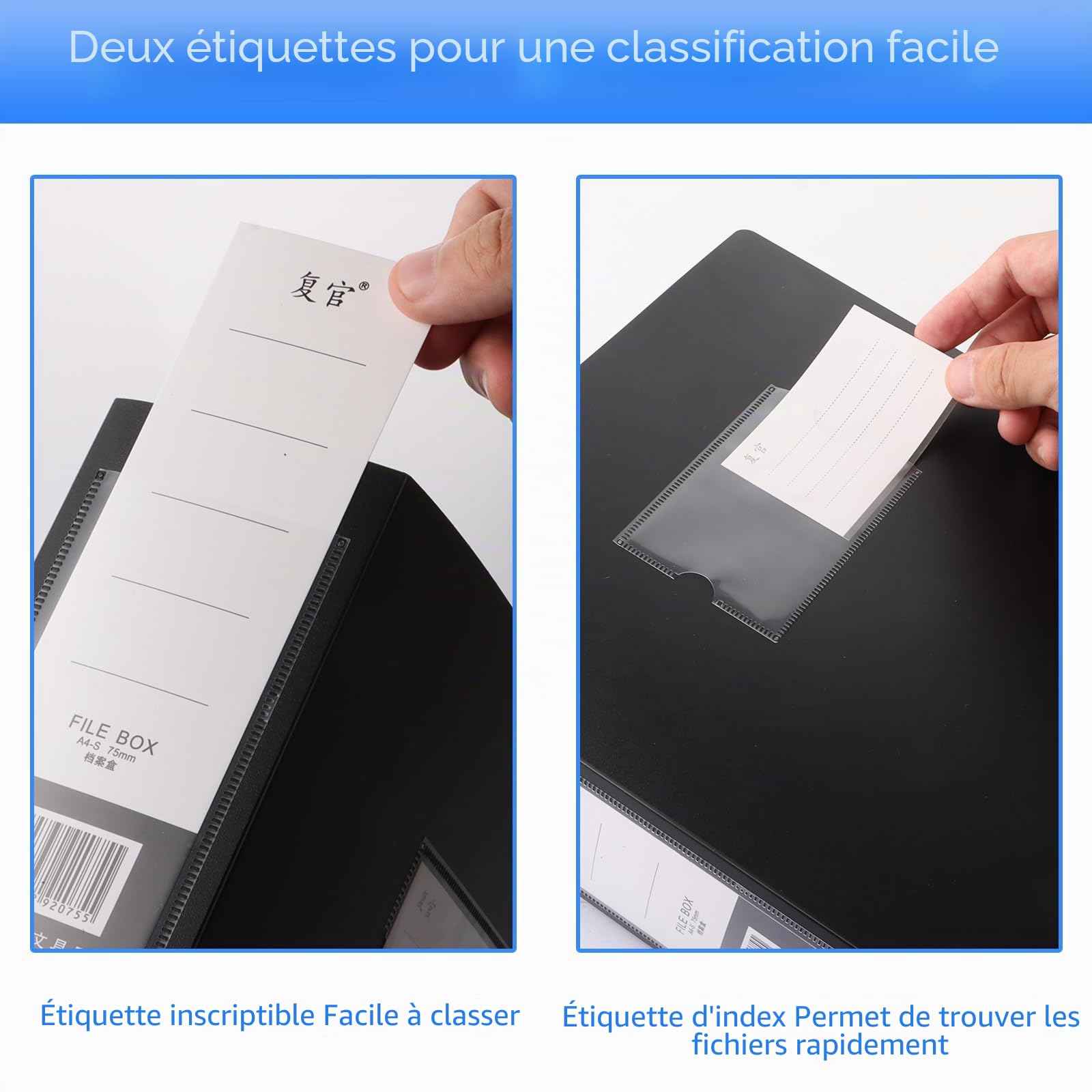 CYEER Lot de 10 boîtes de classement noires en plastique A4, boîtes de classement avec épine de 75 mm, dossiers foolscap pour documents papier A4