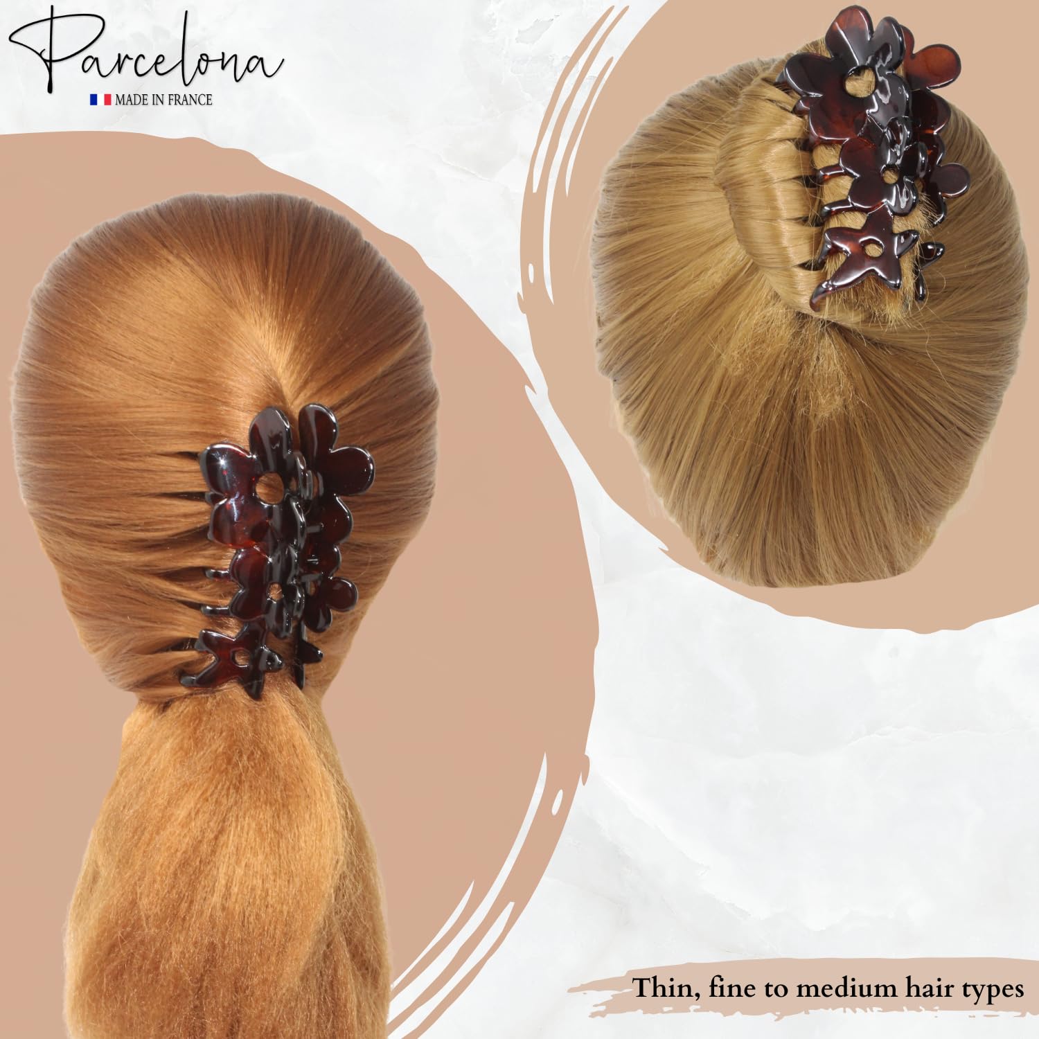 Parcelona French Flowers Medium Covered Spring Brown Tortoise Shell Celluloid Jaw Hair Claw Clips for Women, Made in France - Image 3