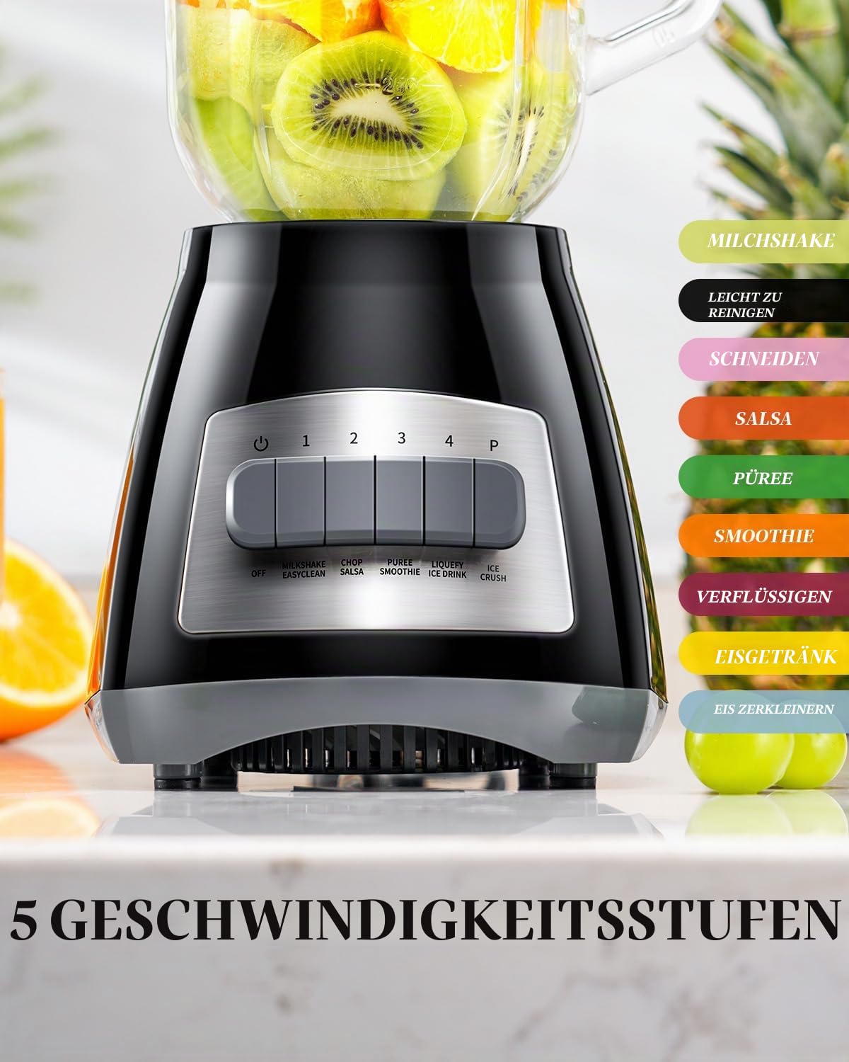 SHARDOR Standmixer, 700 W Spitzenleistung smoothie maker mit 1,5-Liter-Glasbehälter, Edelstahl 6-Klingen, 5 Geschwindigkeitsstufen für Milchshakes, Smoothies, Säfte und Eisgetränke, schwarz