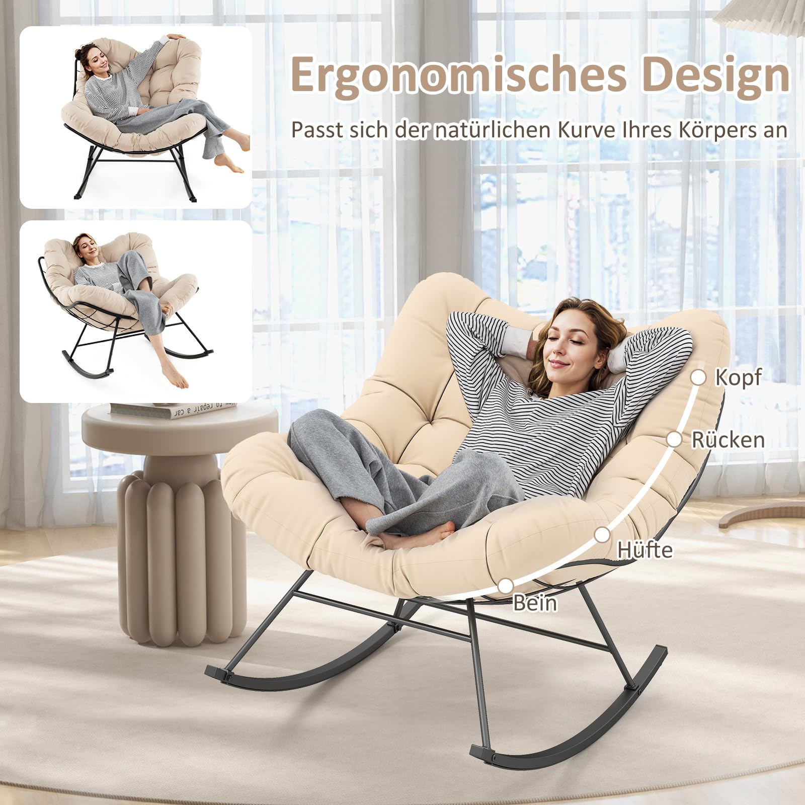 RELAX4LIFE Mecedora, sillón balancín con cojín acolchado y marco de metal, silla de relax soporta hasta 205 kg, silla mecedora extragrande para jardín, dormitorio, salón, 110 x 95 x 94 cm (beige)