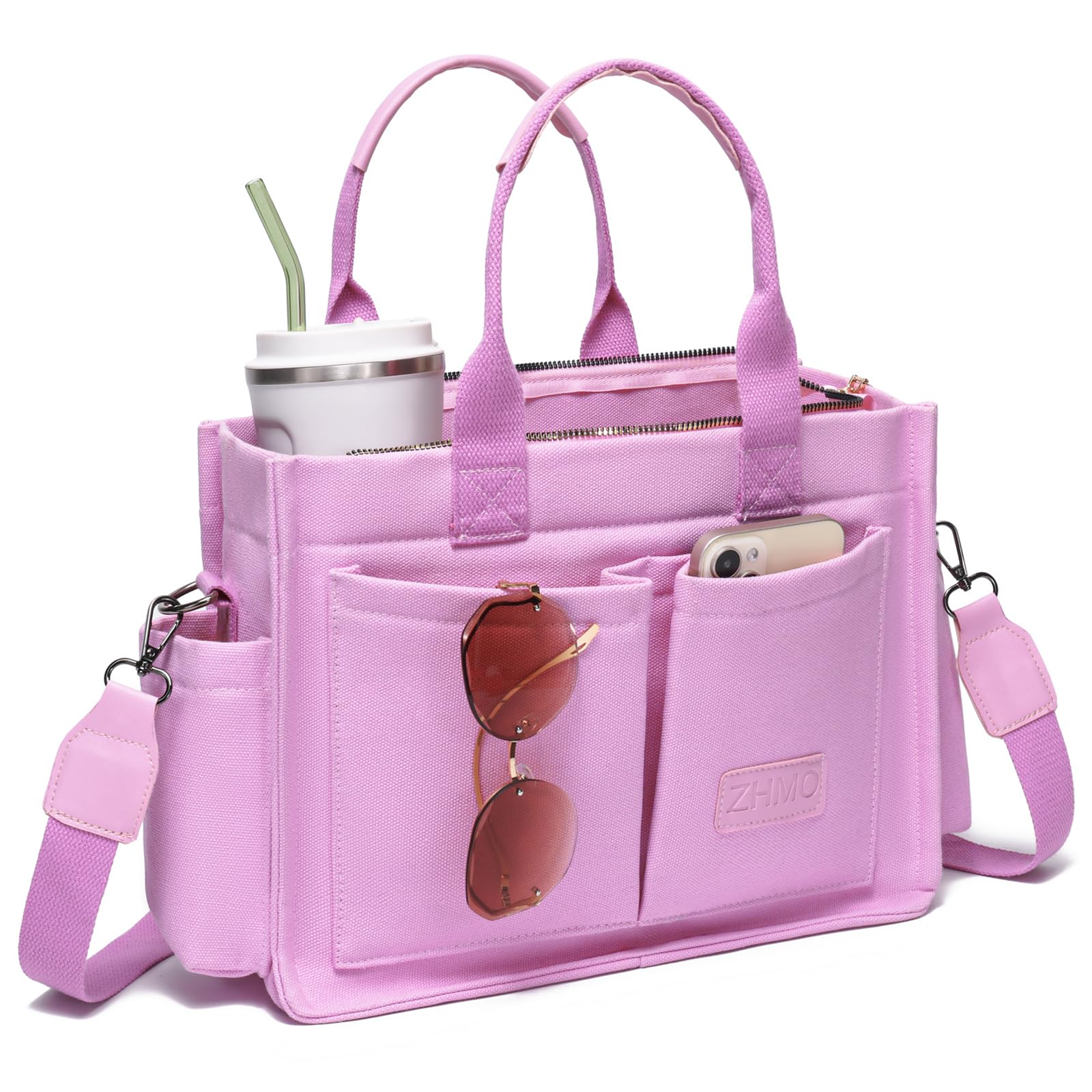 Canvas Tote Bag for Women,Women's Bags Crossbody Bags Work Laptop Tote Bag Large Handbags Purse for Travel Nurse Teacher New Upgrade Plus Pink With Compartments and Inner Cup Holders