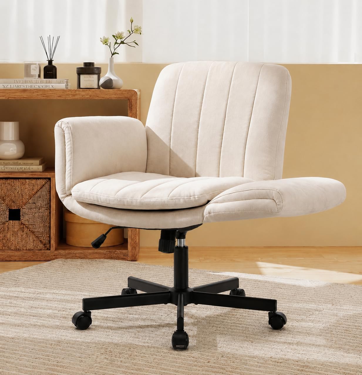 Criss Cross Office Chair with Wheels and Arms, Vanity Chair with Back, Comfy Swivel Cross Legged Office Chairs for Ultimate Comfort and Support, Unique Multifunctional Stylish Arms (Beige)