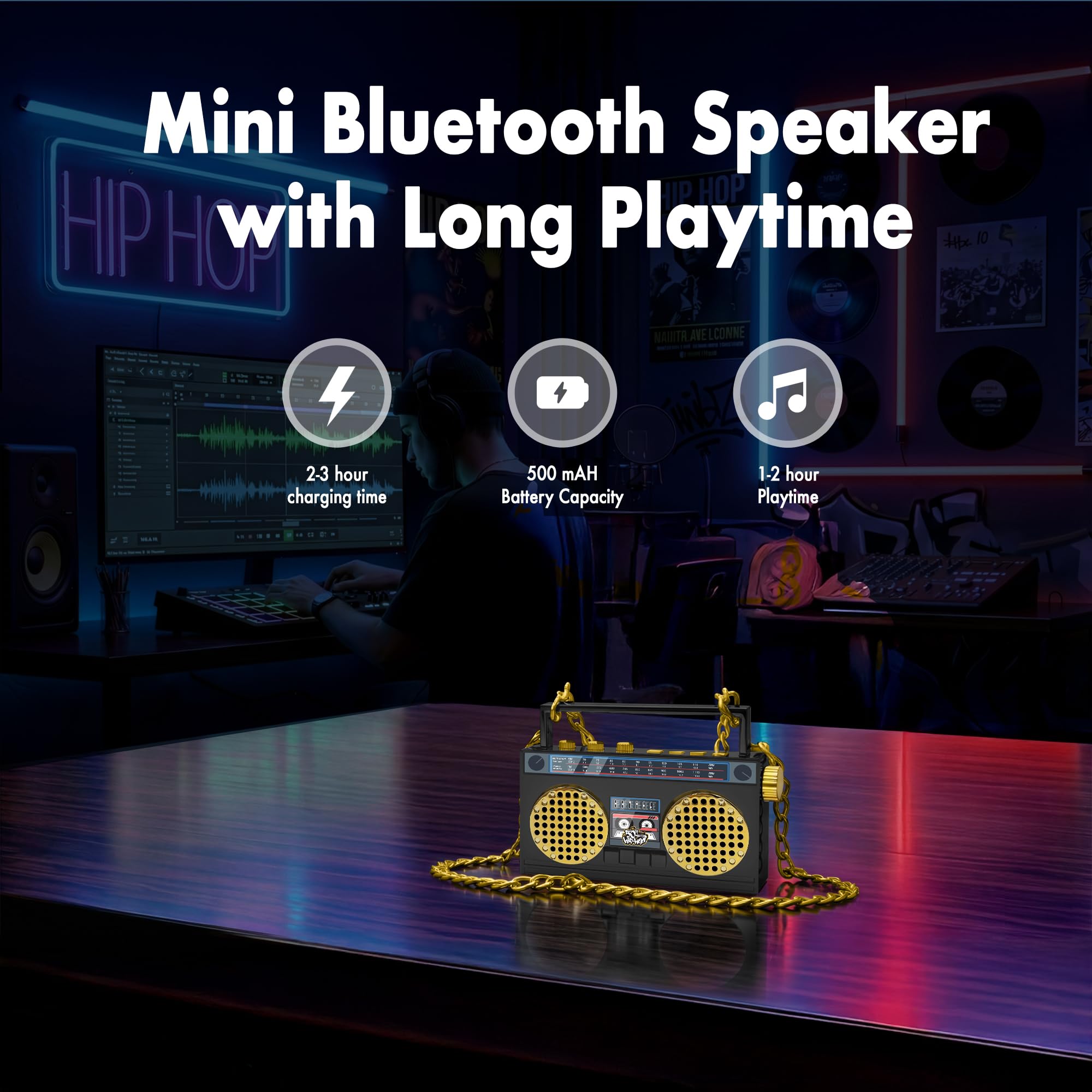 Mini haut-parleur portable sans fil Bluetooth rétro portable Boombox, collier de 68,6 cm, radio FM, boutons intégrés, double micro haut-parleurs 6 W, batterie longue durée