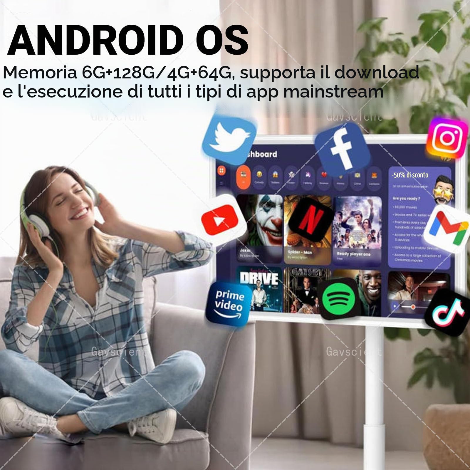 TV Intelligente Portatile FHD 2ª Generazione, Android 12, TV-Tablet Rotolante su Ruote, Batteria 6000mAh Integrata, Rotazione Completa – per Cinema Casa & Presentazioni Ufficio 21.5-8/128G