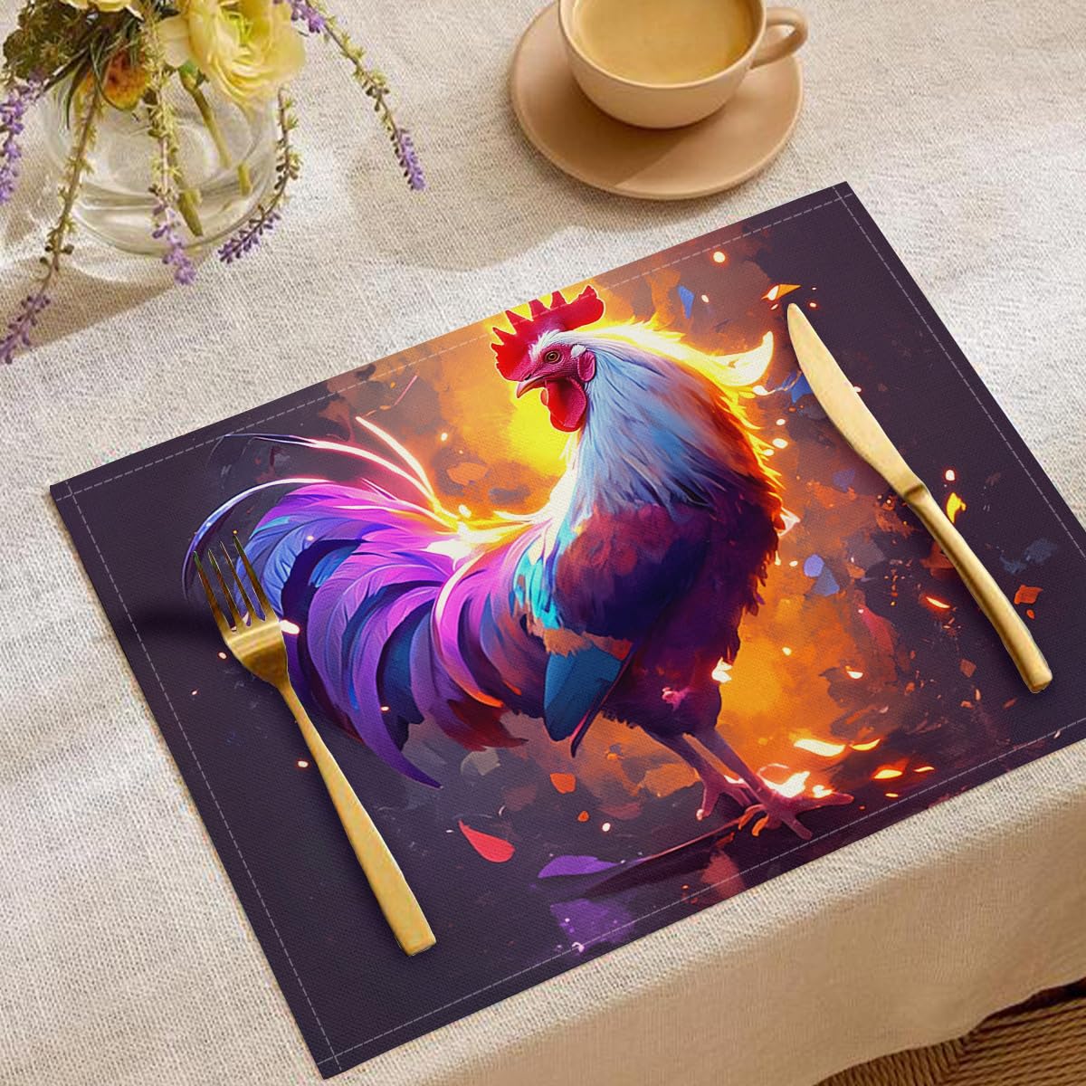 Sets de table motif coq peinture à l'huile style lumineux lavables 8 pièces