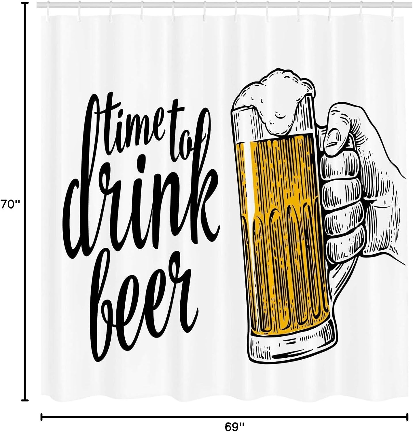 Ambesonne Lifestyle Shower Curtain, Time to Drink Beer Words with a Man Hand Holding The Mug Toast Illustration, Cloth Fabric Bathroom Decor Set with Hooks, 69" W x 70" L, Yellow Black