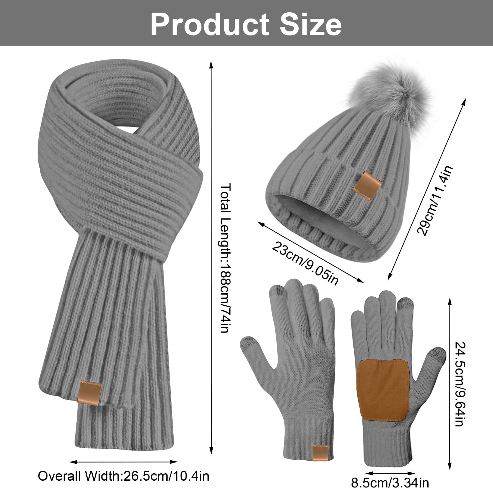 GOSHIES Damska czapka, szalik, zestaw zimowy, czapka beanie, czapka zimowa z pomponem polarowym, czapka z podszewką, szalik i zestawy rękawiczek, rękawiczki do ekranów dotykowych, szary, jeden rozmiar