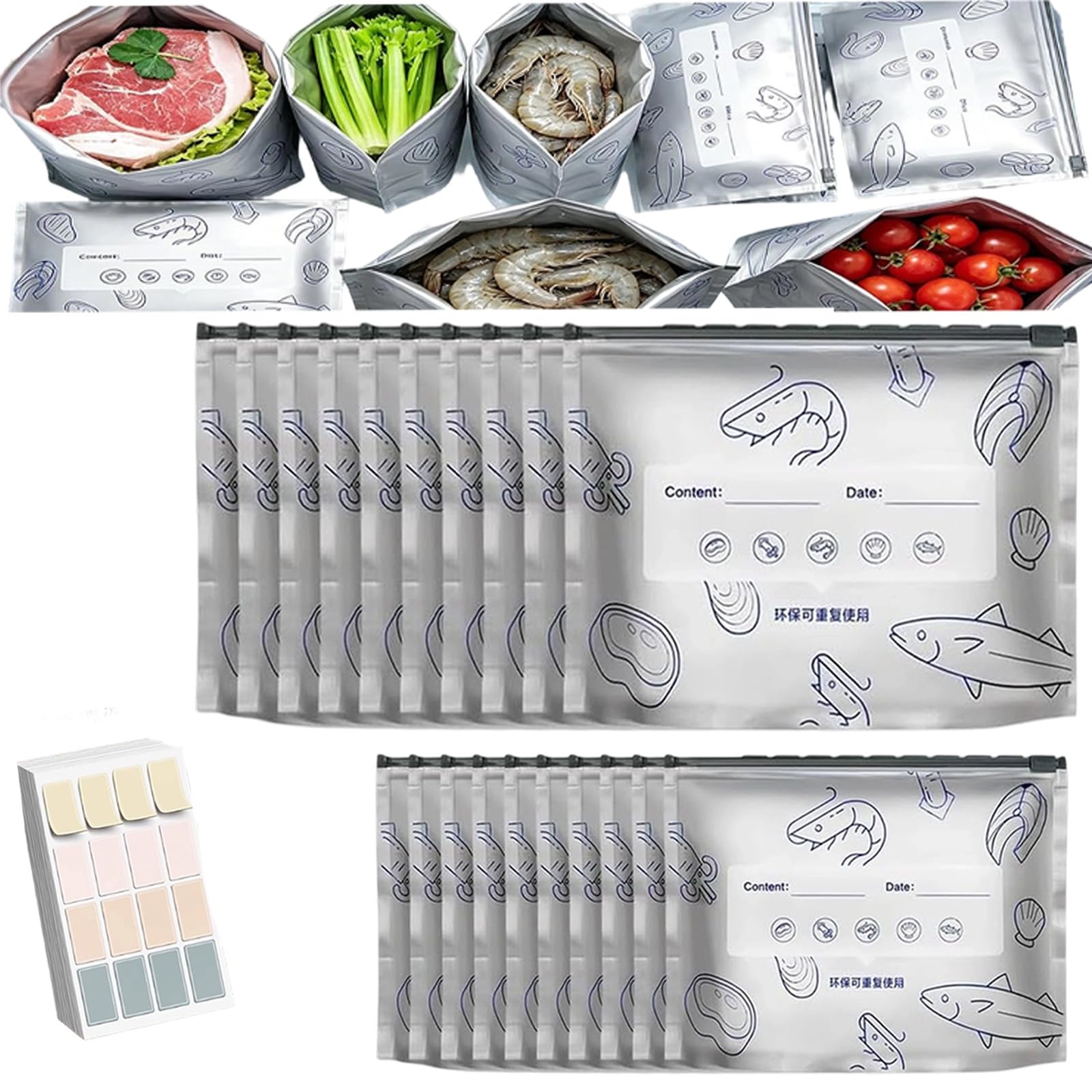 Reusable Aluminum Foil Sealable Storage Bags, Reusable Freezer Bags,Food Bags Zip Seal with Label for Frozen Meat Vegetables Sandwiches Snacks (2PC-(m+l）)