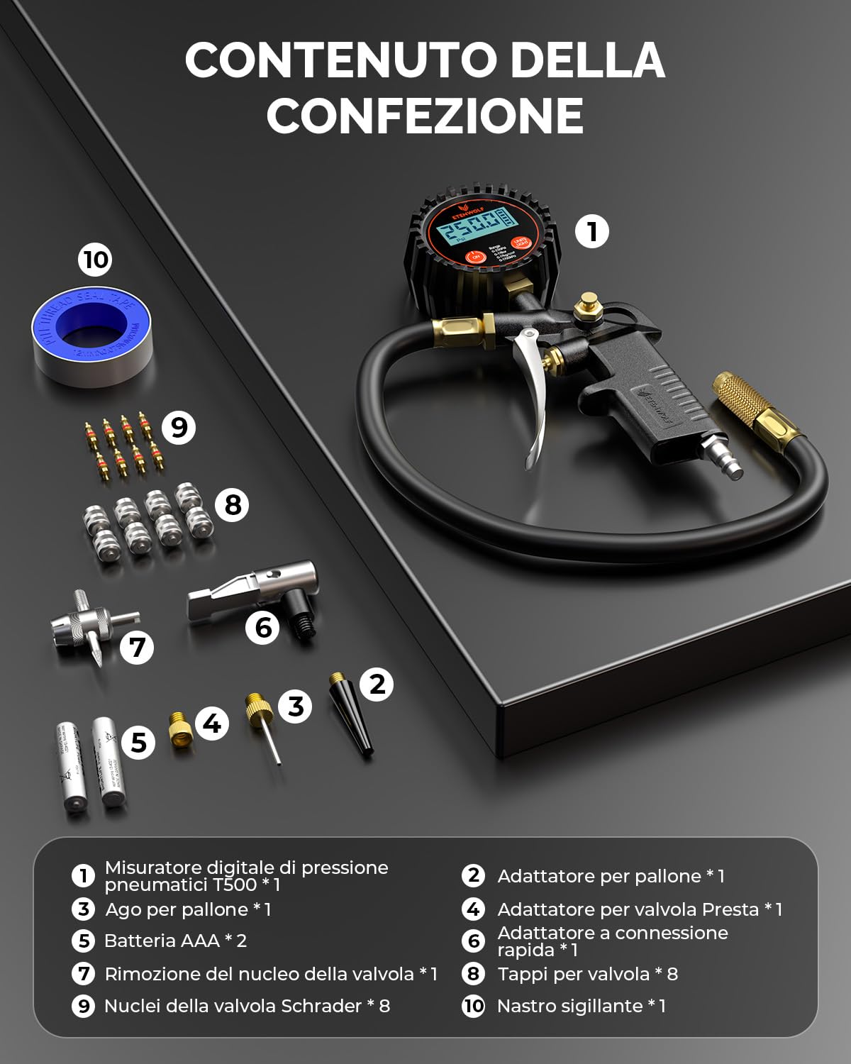 ETENWOLF T500 Manometro Pressione Gomme Pistola Gonfiaggio Pneumatici, Manometro Digitale Professionale 0-17Bar/250 PSI, Valvola di Riempimento e Accessori per Compressore con Borsa da Trasporto