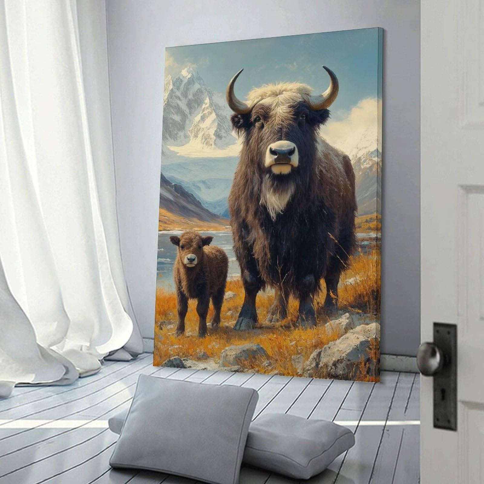 Junmoney Frame-Style-16 Decorative Wall Artwork Yak And Calf In Mountain Landscape, 24X36inch(60X90cm), For Contemporary Homes, Apartments Or Offices, An Easy Choice For New Home Styling