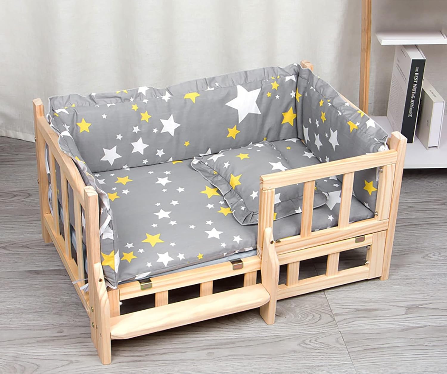 Comfortable Wooden Pets Cot with Removable Bedding, Grey Star Pattern Orthopedic Dogs Bed for Medium Large Pet, Multiple Sizes S, M, L, XL (Color : Style2, Size : S-60x38x34cm/24x15x13) (Style3 M)