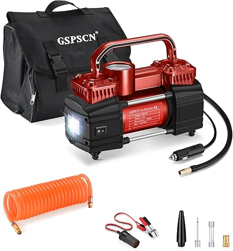Miniatura 8 de GSPSCN Compresor de aire de doble cilindro CC de 12 V para automóvil inflador de neumáticos portátil resistente bomba de neumáticos de 150 PSI con