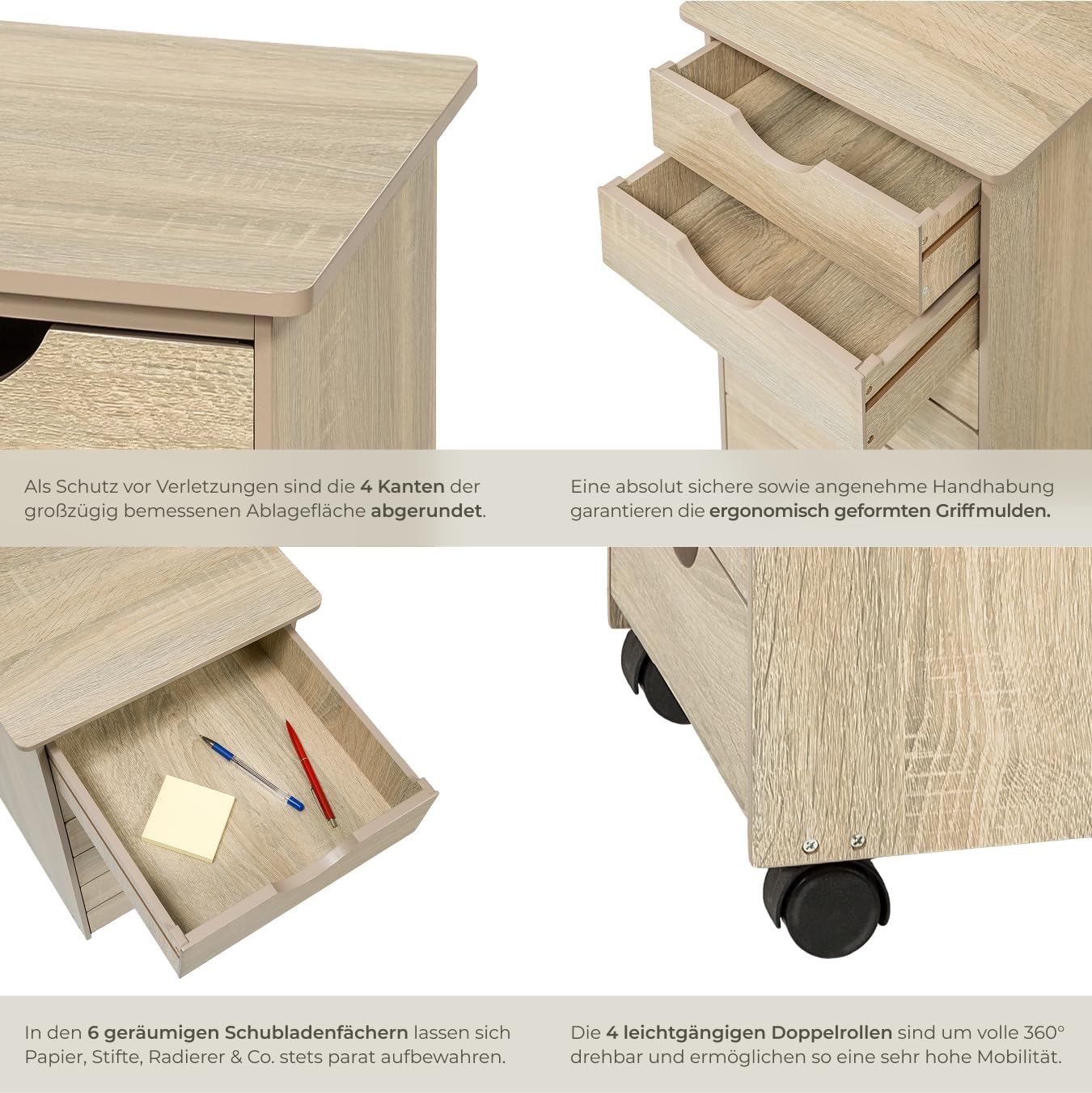 tectake® Rollcontainer mit Schubladen, Schubladenschrank 6x Schublade, mit Rollen, Büro Organizer, Schreibtisch Schrank, Rollwagen Unterschrank, Aufbewahrungsschrank Office - Holz hell, Eiche Sonoma