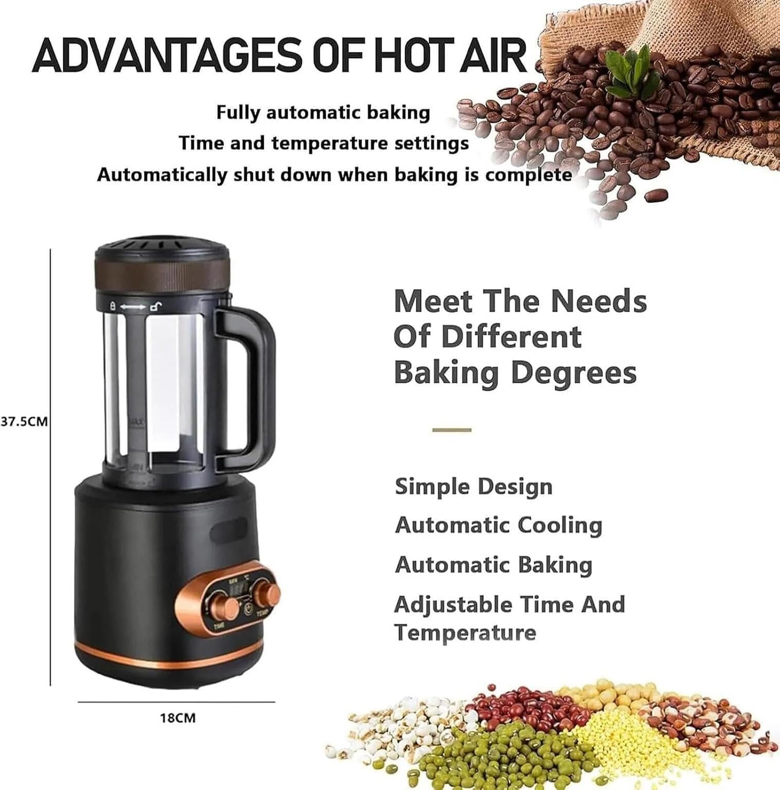 Toster do kawy 2400 W, 300 g gorącego powietrza z zegarem i regulacją temperatury do 250 ° C, automatyczne chłodzenie, szklana komora, do domu i kawiarni