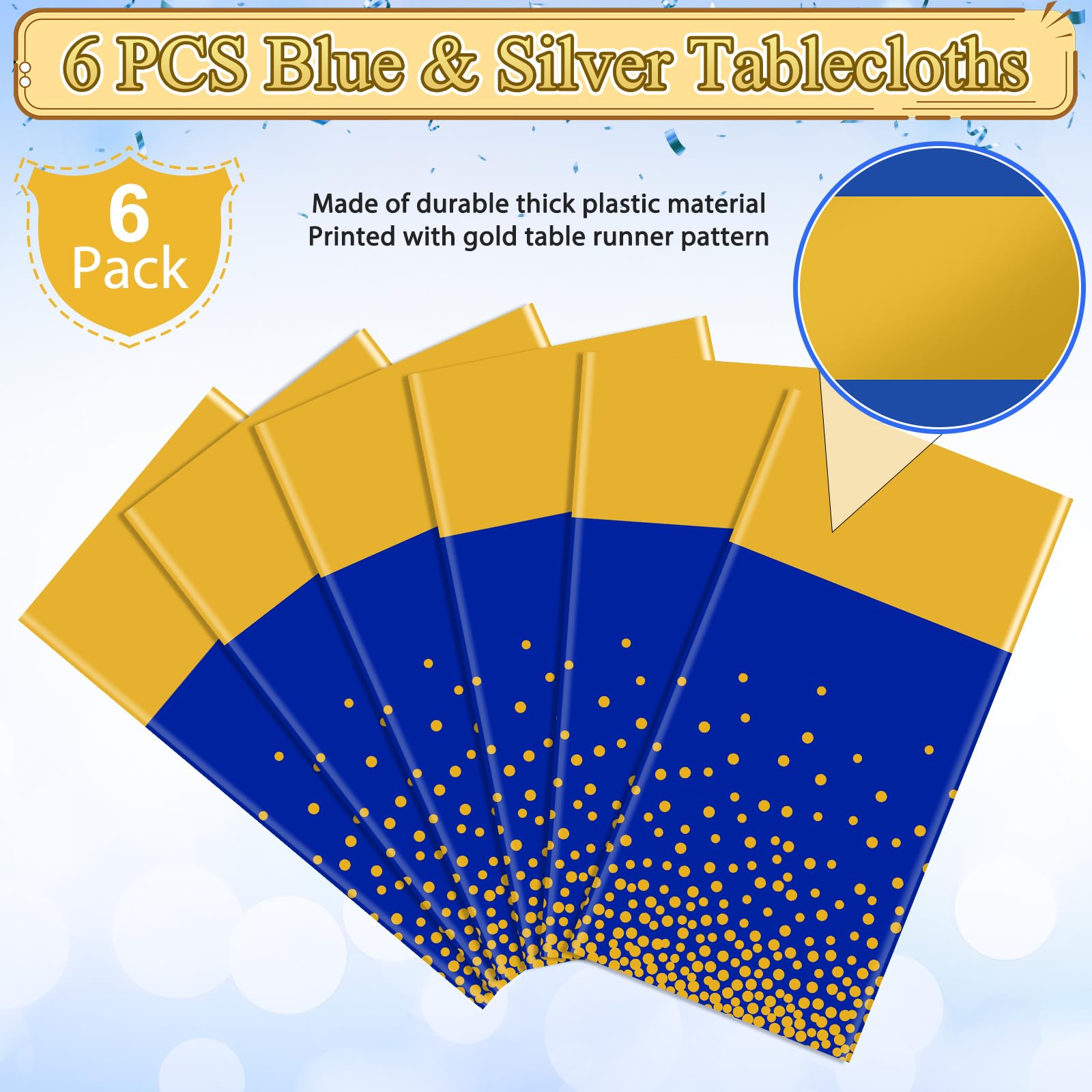 6 manteles azules y dorados para decoración de fiesta, mantel de plástico azul real impreso dorado, camino de mesa rectangular desechable para cumpleaños, aniversario, boda, fiesta de graduación, 54 x
