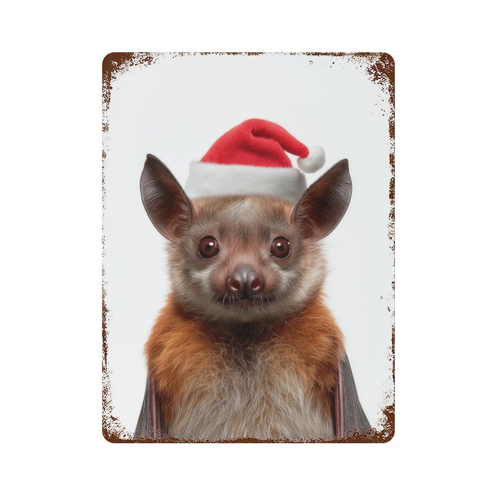 Garage Style Christmas Bat with Santa Hat Rusty Metal Tin Sign 15.7"x11.8", Novelty Wall Decor for Bar And Workshop