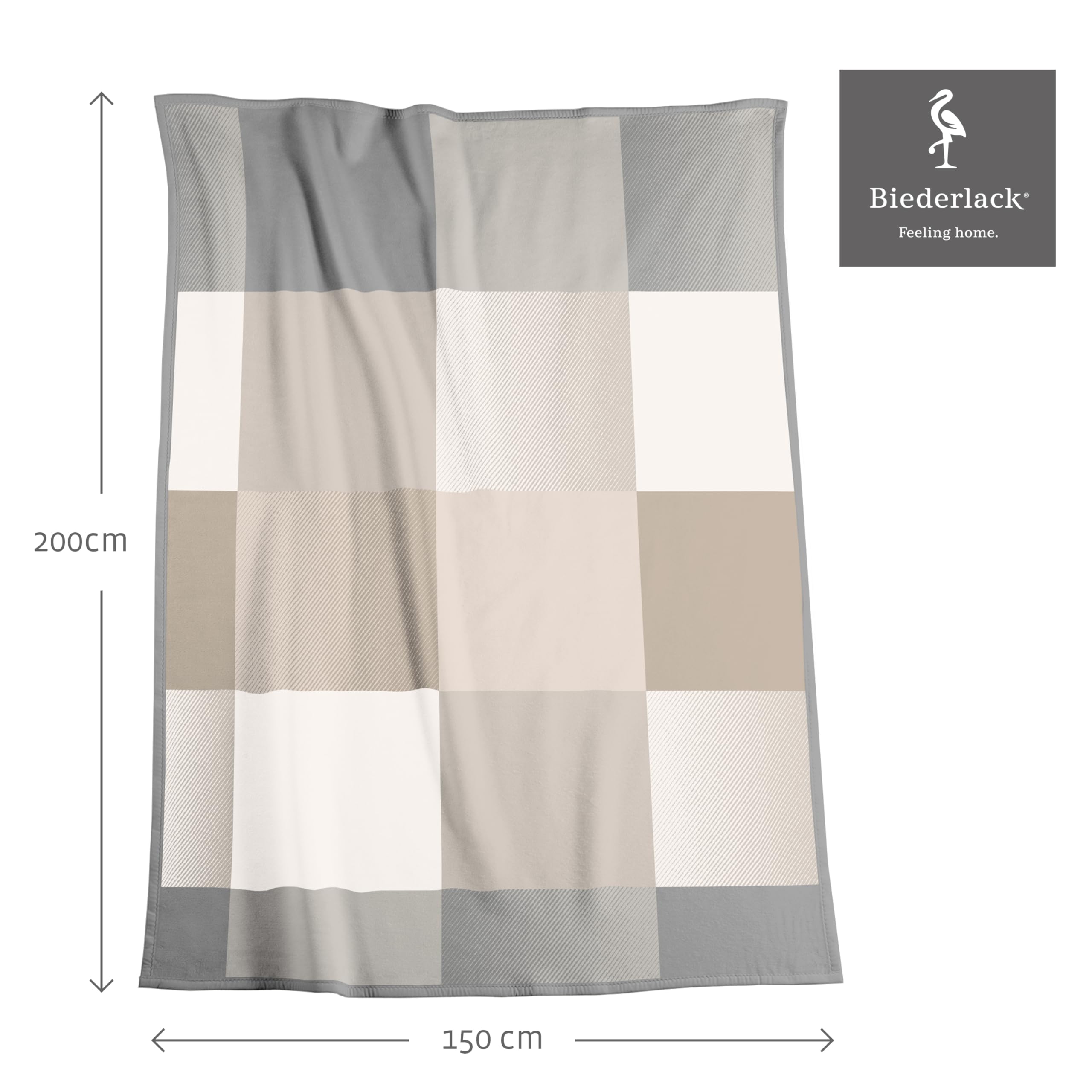 biederlack® weiche Kuscheldecke Across Beige, Sofadecke in 150x200 cm | Made in Germany, Wohndecke aus Baumwollmischgewebe, Couchdecke in grau-beige, karierte Tagesdecke, OEKO-TEX Made in Green