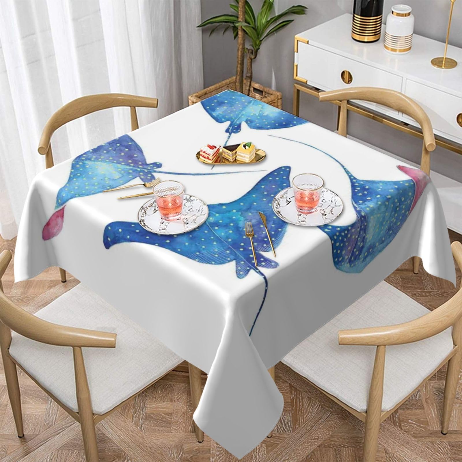 DCEHGEW Sea Animals Stingrays Prints Square Tablecloth 152x152 CM, Waterproof Fabric Table Cloth for Dining Table, Farmhouse Table Cover for Kitchen Dining Tabletop Decoration