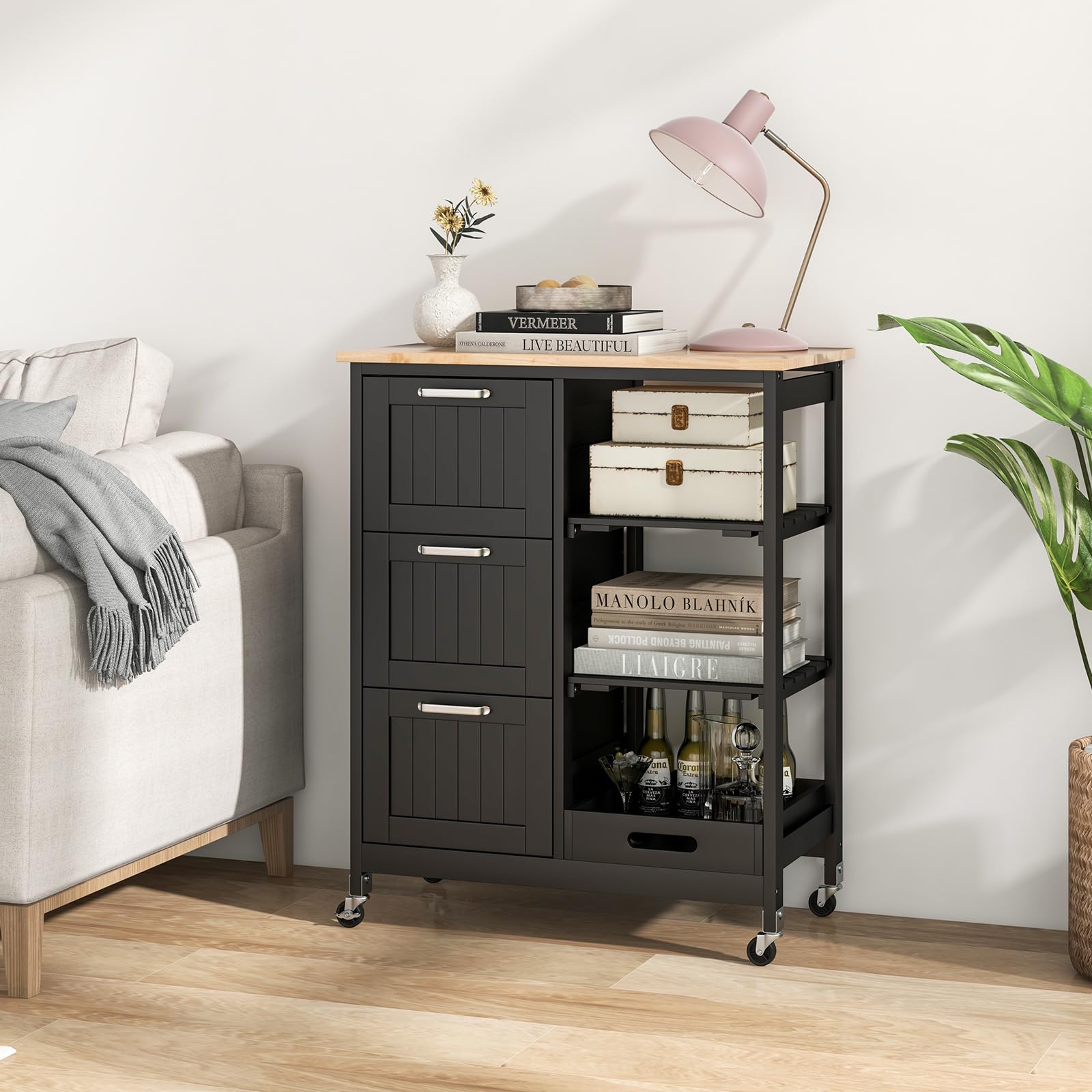 COSTWAY Küchenwagen mit Tablett, Regalen und 3 großen Schubladen, Küchenschrank rollbar, Kücheninsel aus Kautschukholz, Servierwagen 67 x 37 x 83,5 cm (Schwarz)