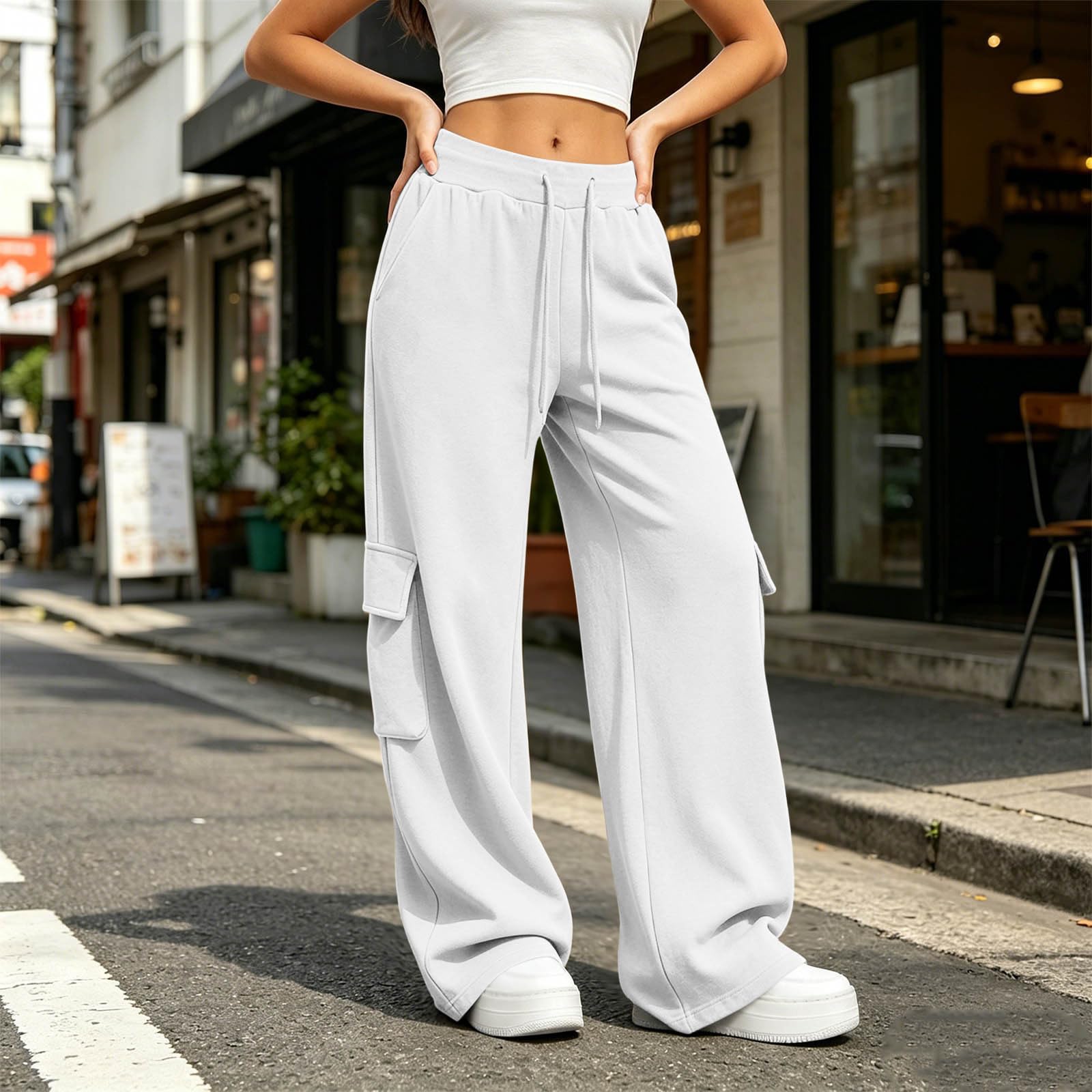 Pantaloni Sportivi Donna Pantloni Cotone con Elastico in Vita Morbidi Pantaloni da Corsa con Tasche a Gamba Dritta Pantalone Larghi a Vita Alta Pant Baggy Tinta Unita per Allenamento Jogging Fitness