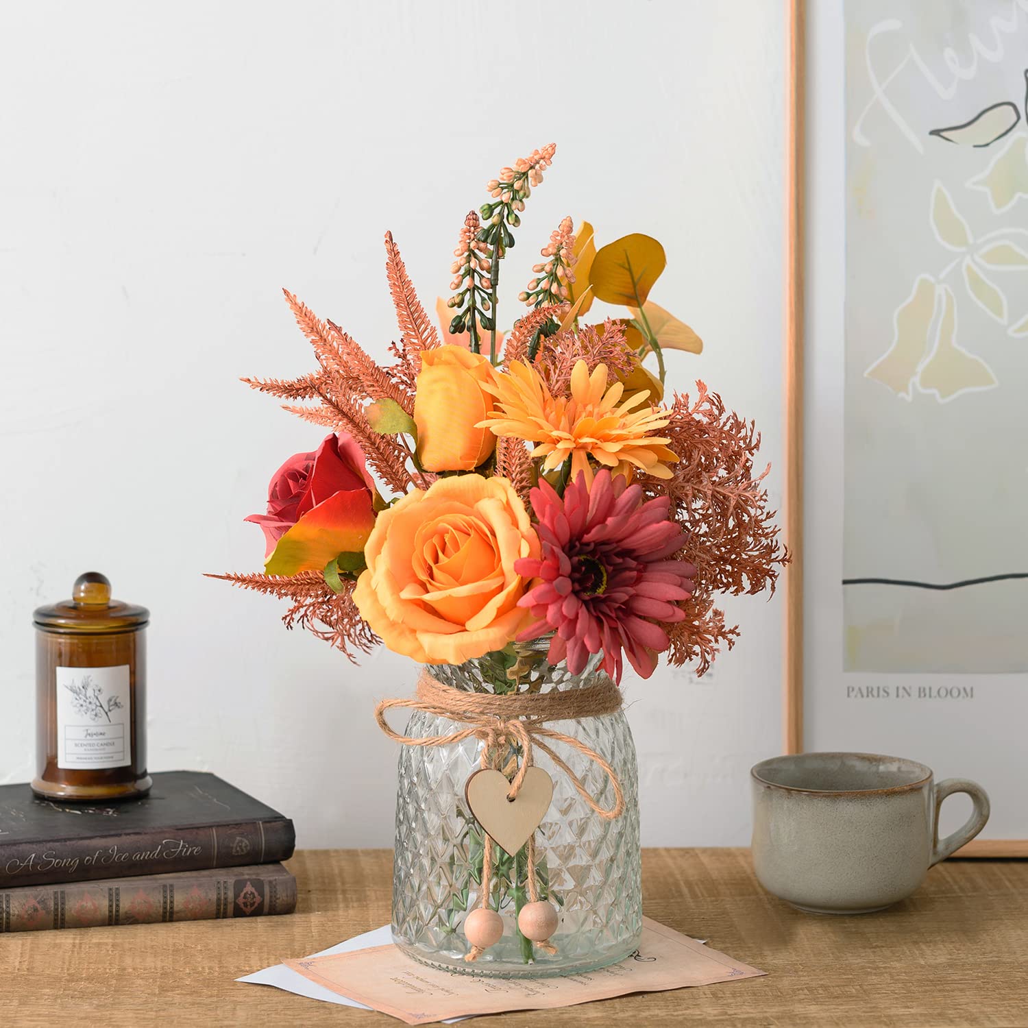Flores artificiales con jarrón, arreglo de flores de seda sintética en jarrón, decoraciones rústicas para hogar y oficina, decoración de mesa de comedor de estilo granja, centro de mesa de