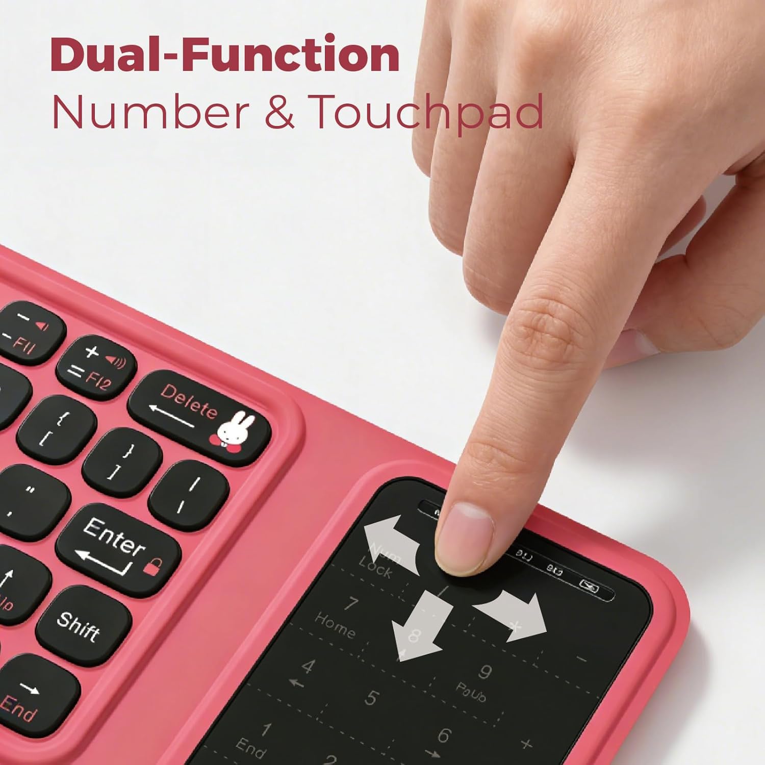 Miffy Triple-Fold Bluetooth Keyboard - Magnetic Fold Design with Integrated Touchpad & Numeric Keypad, Bluetooth 5.0 (3 Devices), Rechargeable 5.6mm Slim, Premium Leather - Pink