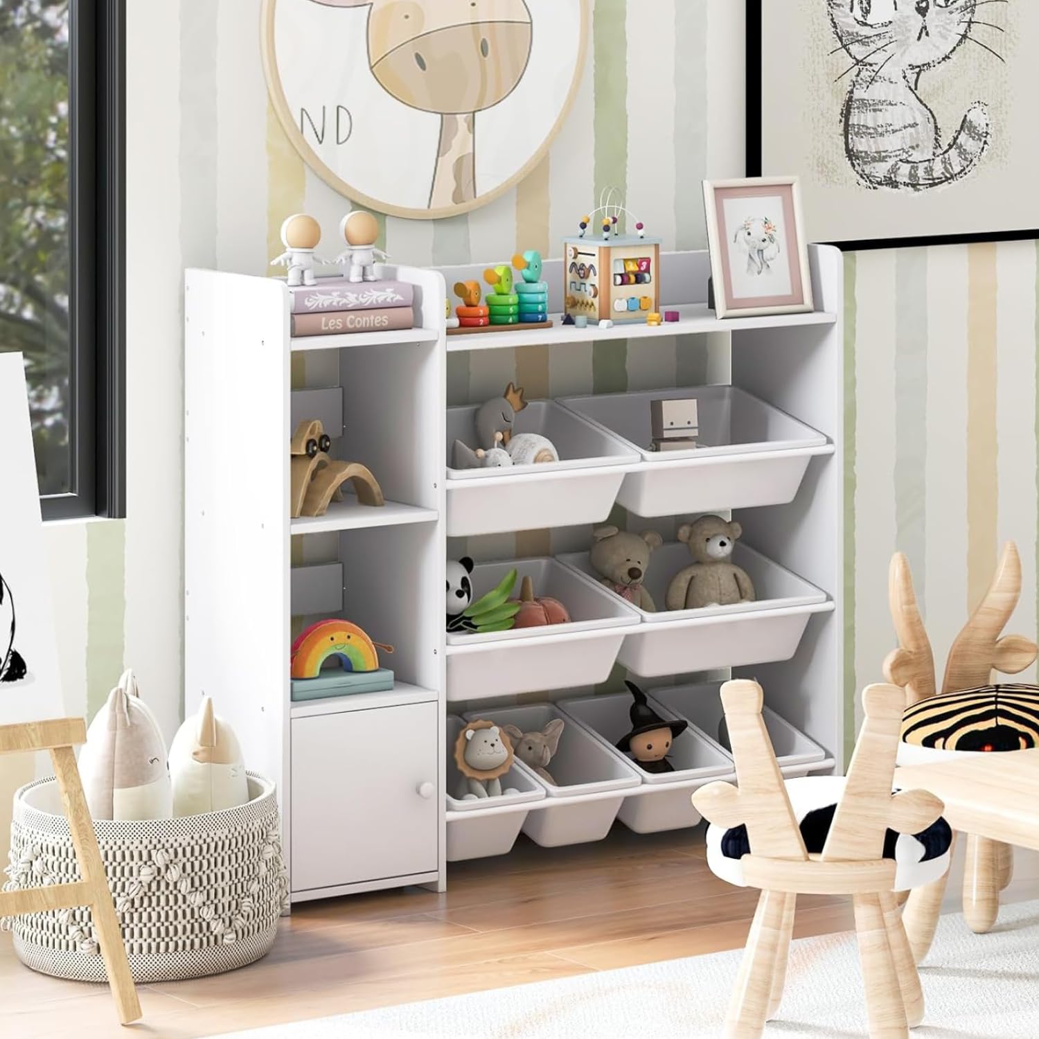 LDAILY Toy Storage Organizer, Toy Organizer and Kid Bookshelf with 2 Open Shelves, 8 Removable Storage Bins, 4-Tier Cubby Storage Organizer with