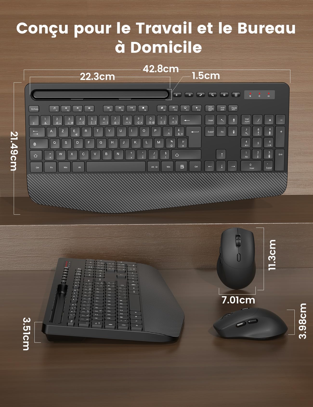 Ensemble Clavier et Souris sans Fil, Ergonomique Pleine Taille Clavier avec Repose-Poignet, Support, Mode Veille, 2,4 GHz Silencieux Clavier Souris pour Windows, PC, Laptop, AZERTY-KM23 (Noir)
