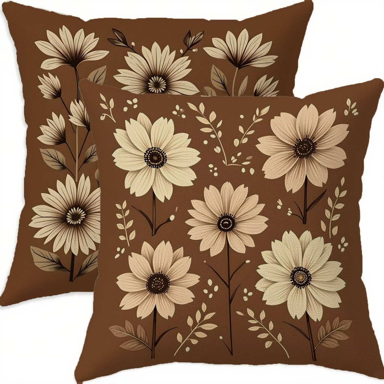 Housse coussin 65x65cm lot de 2 en lin brun imperméable avec fermeture éclair
