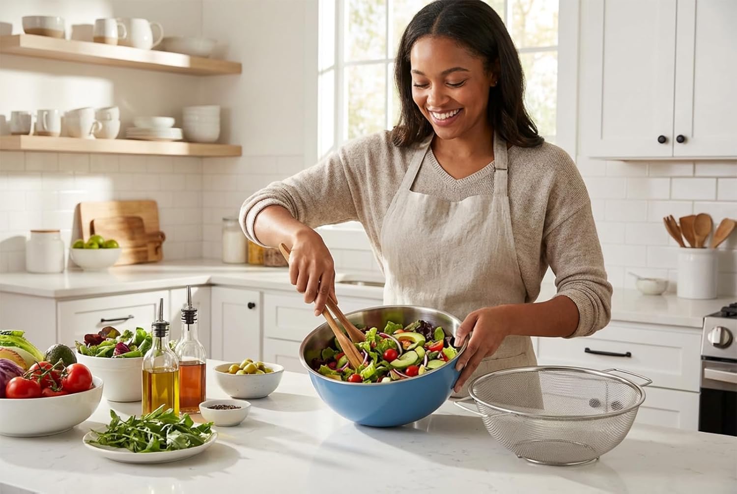 Stainless Steel Mixing Bowl and Colander Set, Multipurpose Kitchen Basket with Fine Mesh Colander, Salad Mixing Bowl with Strainer,3.5 Qt Large Capacity For Rice Fruit Vegetable (Blue) image 7 of 7 B0G8DPRFSM
