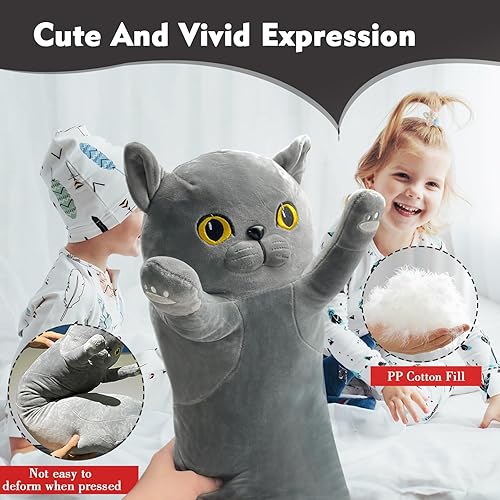 Miniatura 4 de Almohada larga de felpa de gato, 35.4 pulgadas, lindo peluche de gato gris, almohada corporal de animales de peluche, juguete de peluche suave