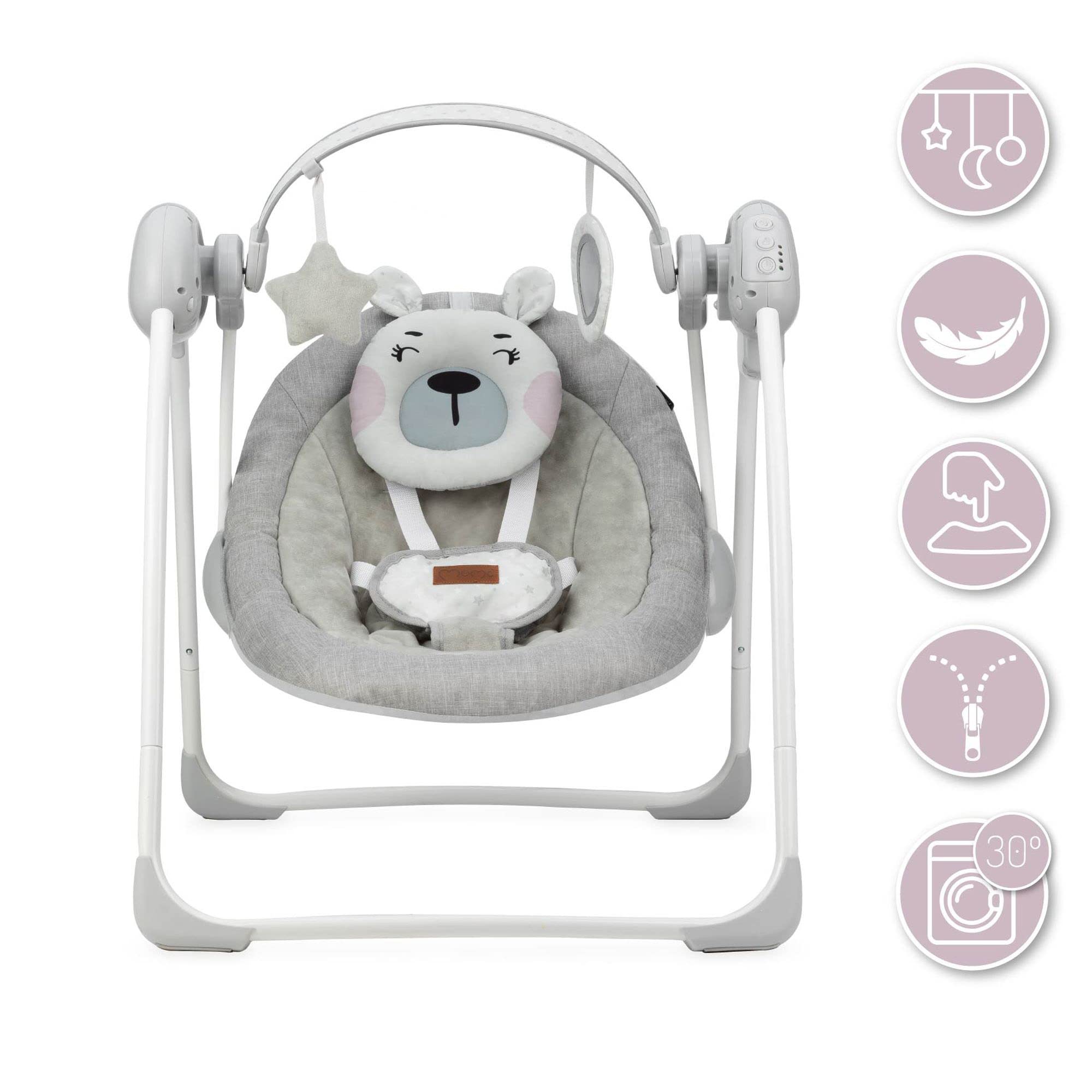 Momi Liss Teddy Pink Rocker con funzione di oscillazione automatica, per bambini fino a 9 kg, con 5 velocità, capacità di regolare l'orario di lavoro, l'alimentazione o le batterie