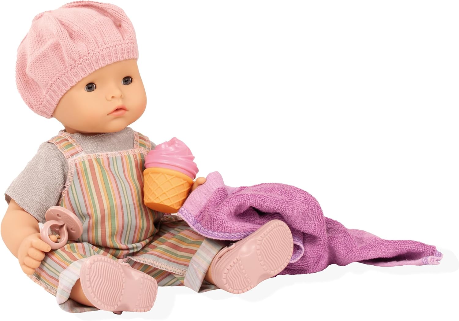 Gotz 2518053 Maxy Aquini Baby Beach Vibes - 16.5" Tall Vinyl Bath Baby Doll with Grey Sleeping Eyes, Dress, Hat and Accessories