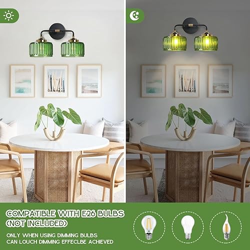 Miniatura 4 de Lámparas de baño de mediados de siglo, aplique de pared con 2 luces con pantalla de rayas verdes, luz de montaje en pared de vidrio, luces modernas