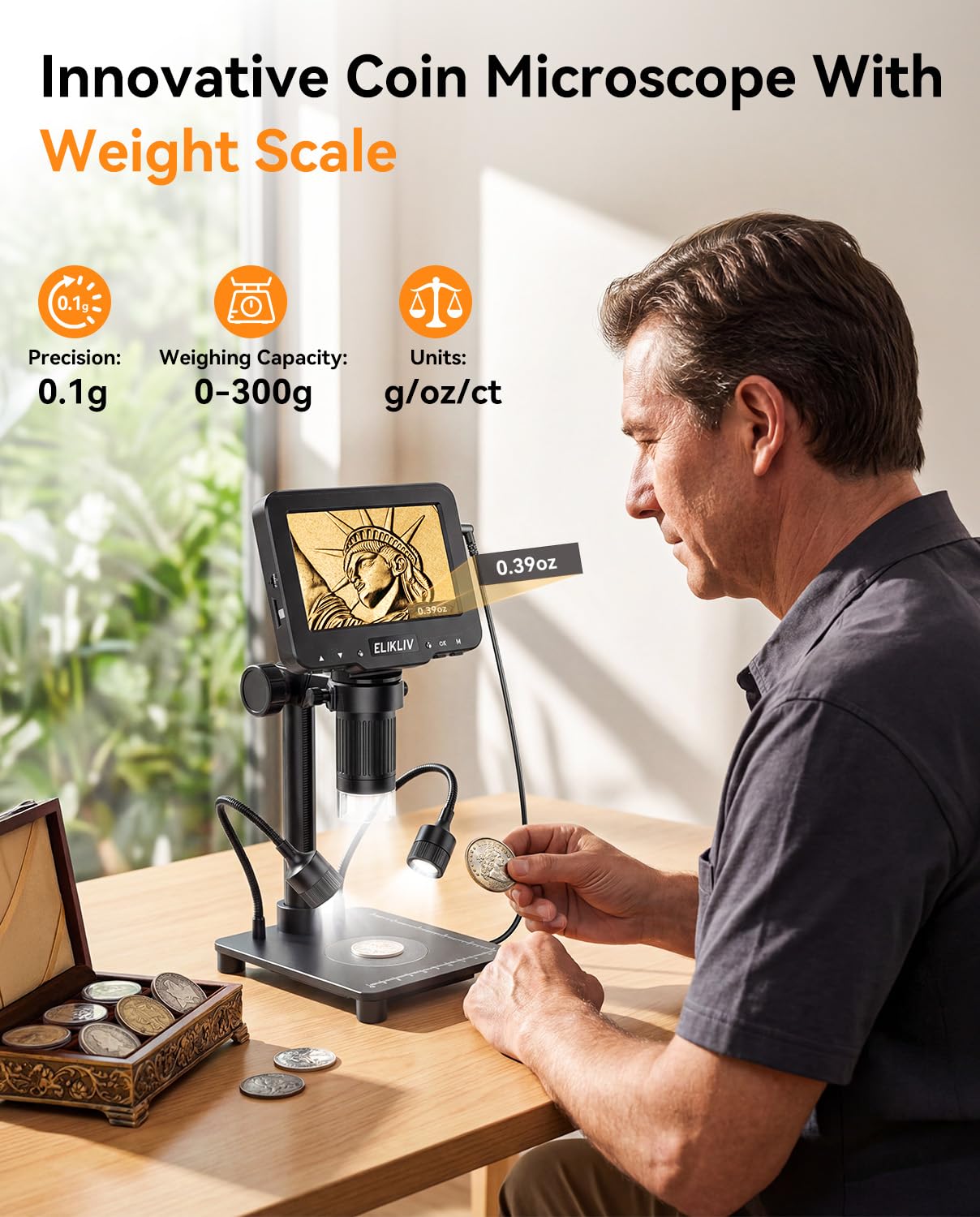 Elikliv Microscopio con bilancia di pesata, lente d'ingrandimento digitale per monete di errore, lente d'ingrandimento per gioielli con luci, schermo LCD da 4,3 pollici, fotocamera da 12 MP, video USB